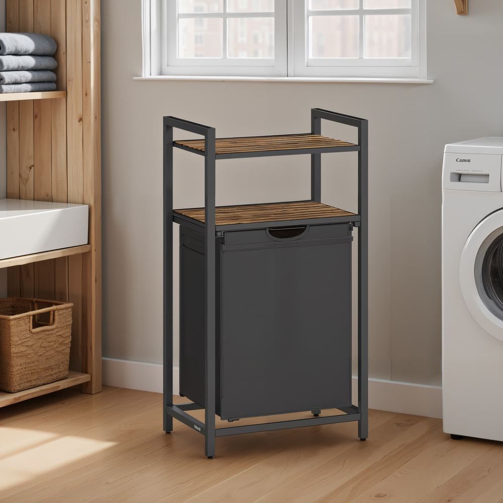 Pesukorv, pesukoguja 2 riiuliga, väljatõmmatav ja eemaldatav pesukott, 65 liitrit, vannituppa, pesuruumi, vintagepruun-must BLH212B01