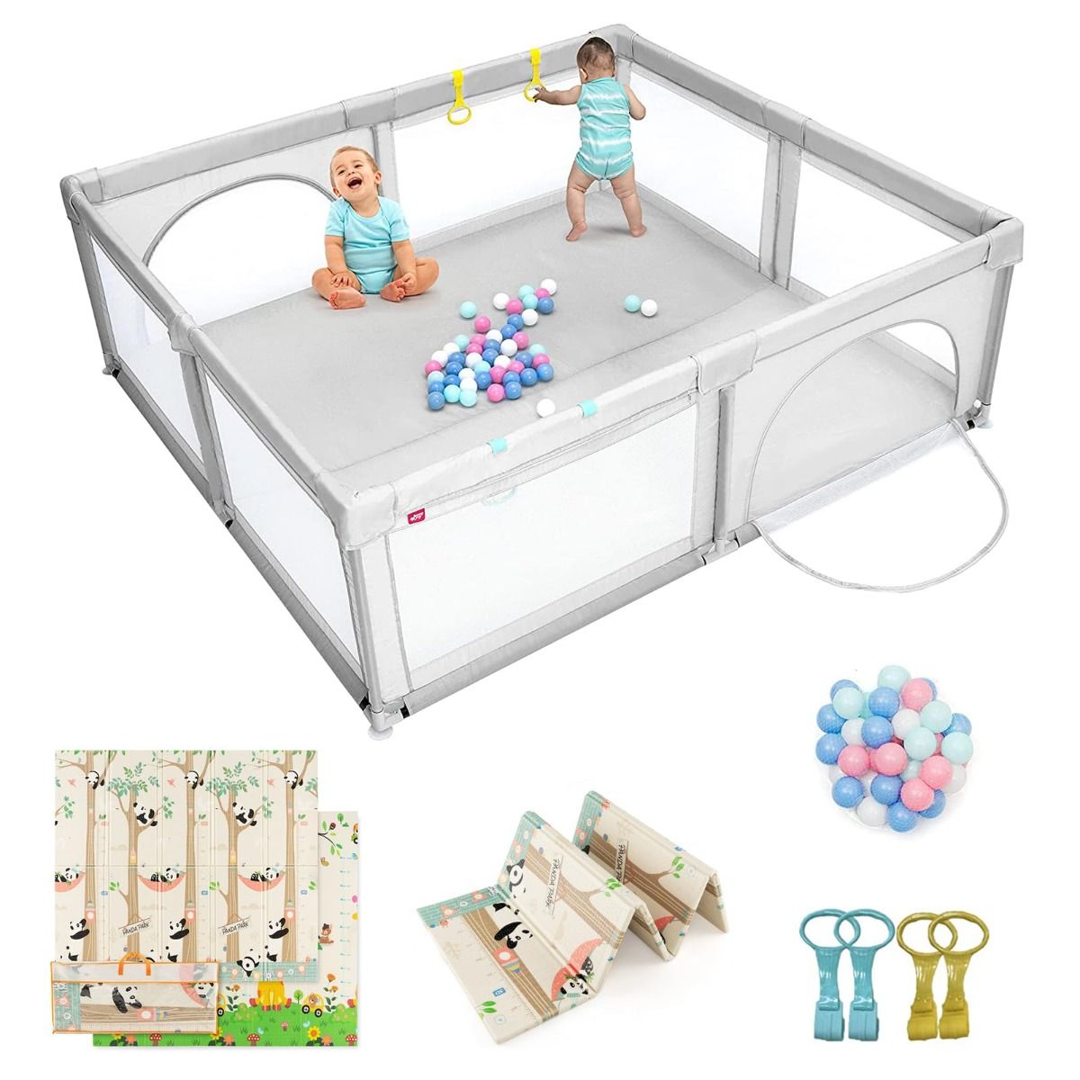 206 x 186 cm beebimänguaedik madratsiga, mänguaedik 50 mängupalliga, helehall mänguaedik + panda madrats