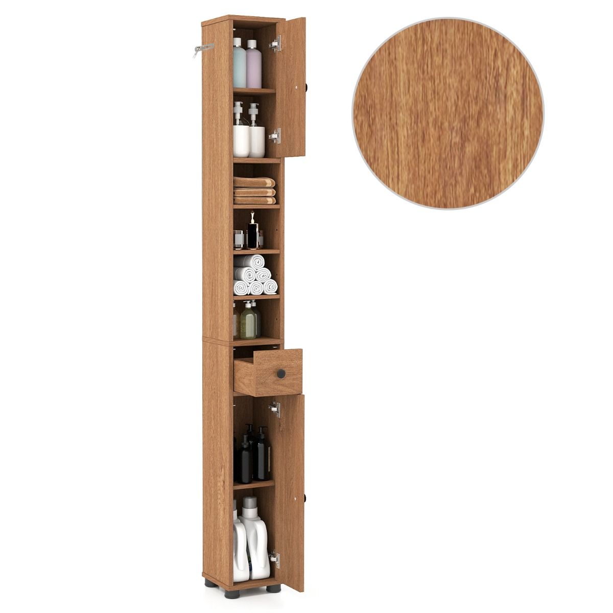 Kitsas vannitoakapp kahe ukse, ühe sahtli ja reguleeritavate riiulitega, naturaalne viimistlus