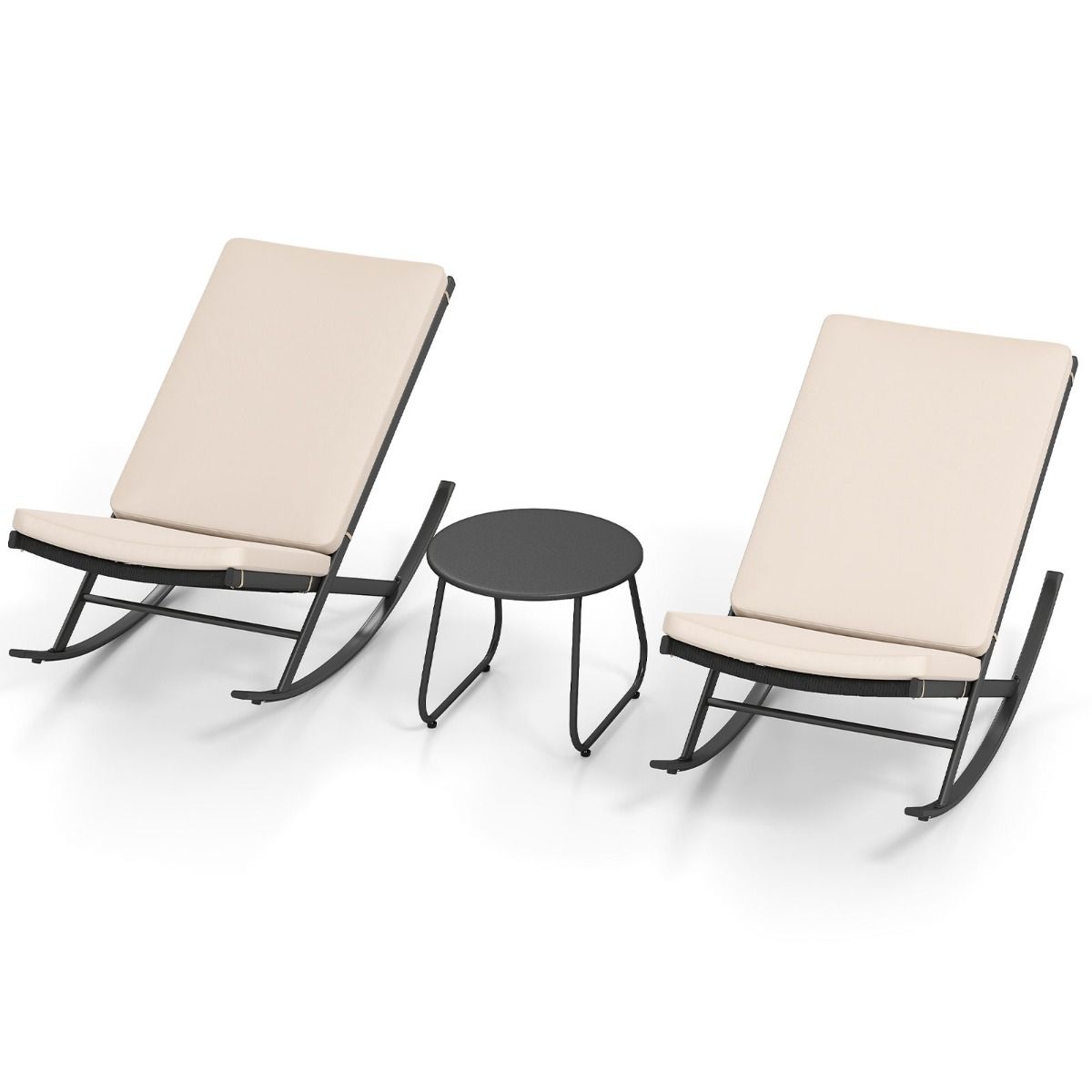 3-osaline kiik-bistrookomplekt pe-rotangist toolidega metallist kohvilaua ja paksude patjadega aiakomplekt