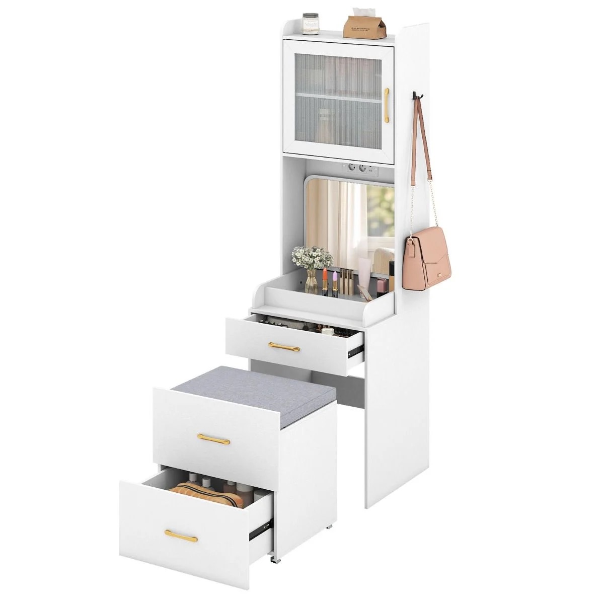 Kokkupandava peegliga tualettlaud, ruumisäästlik sahtlite ja kapiga, valge