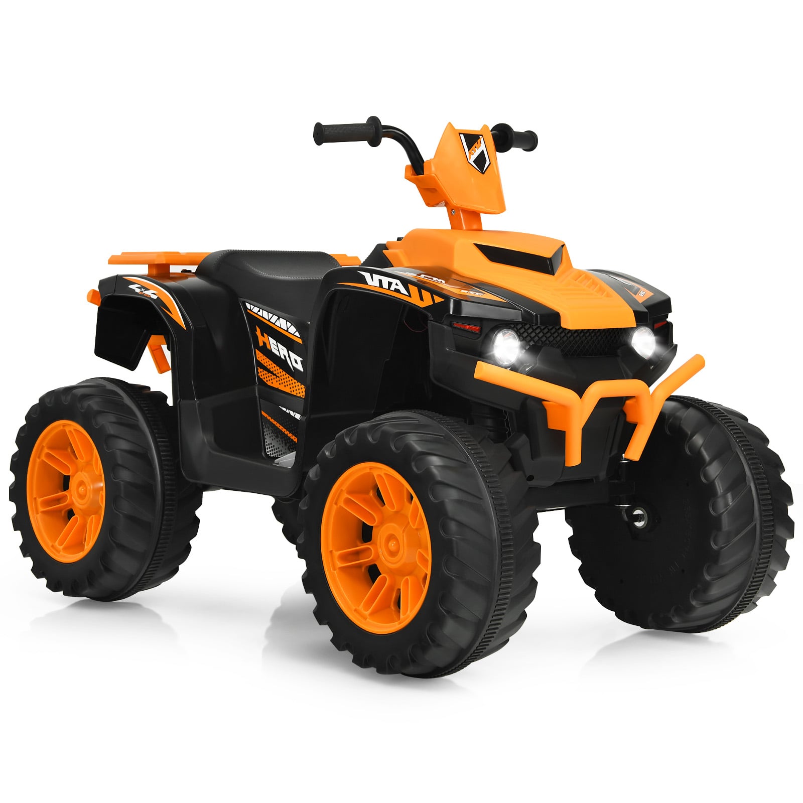 Eredate esitulede, muusika ja helisignaaliga 12V akuga laste elektrimootorratas (ATV), sportlik ja turvaline mini-quad, oranž