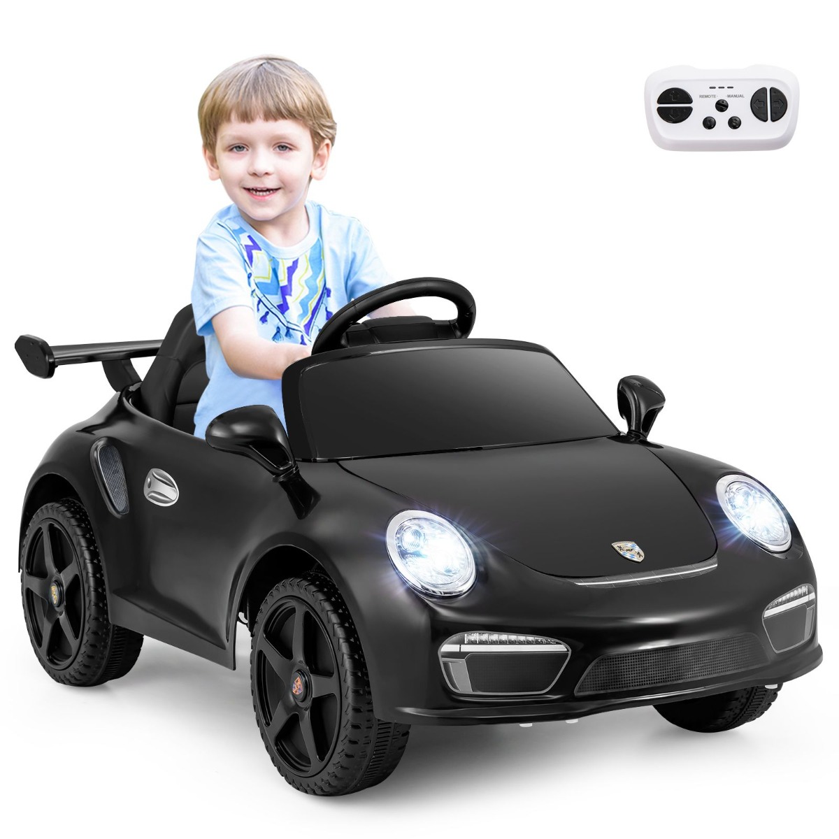 Litsentseeritud Porsche laste elektriauto, vanemate kaugjuhtimispuldi ja sujuva Soft-Start käivitusega 12 V akuga sportauto, must