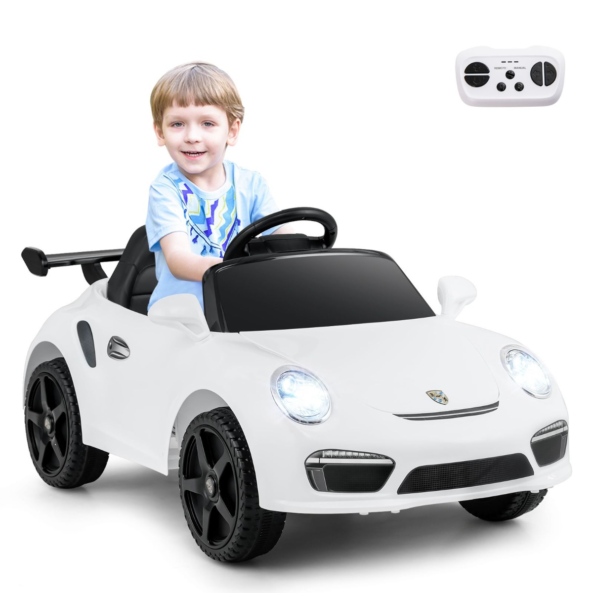 Litsentseeritud Porsche laste elektriauto, vanemate kaugjuhtimispuldi ja sujuva Soft-Start käivitusega 12 V akuga sportauto, valge