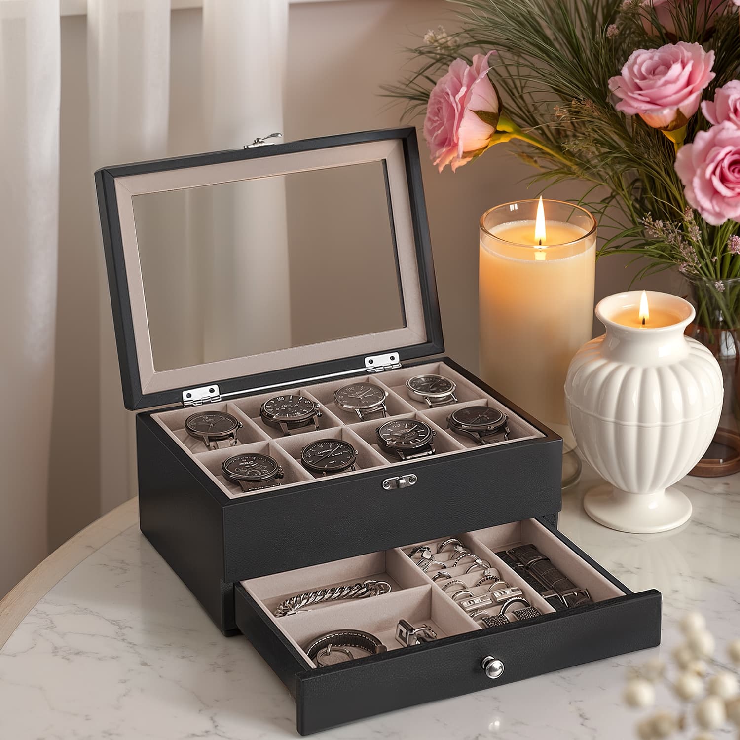 Kellakarp 8 lahtriga, täispuidust kellakast klaaskaanega