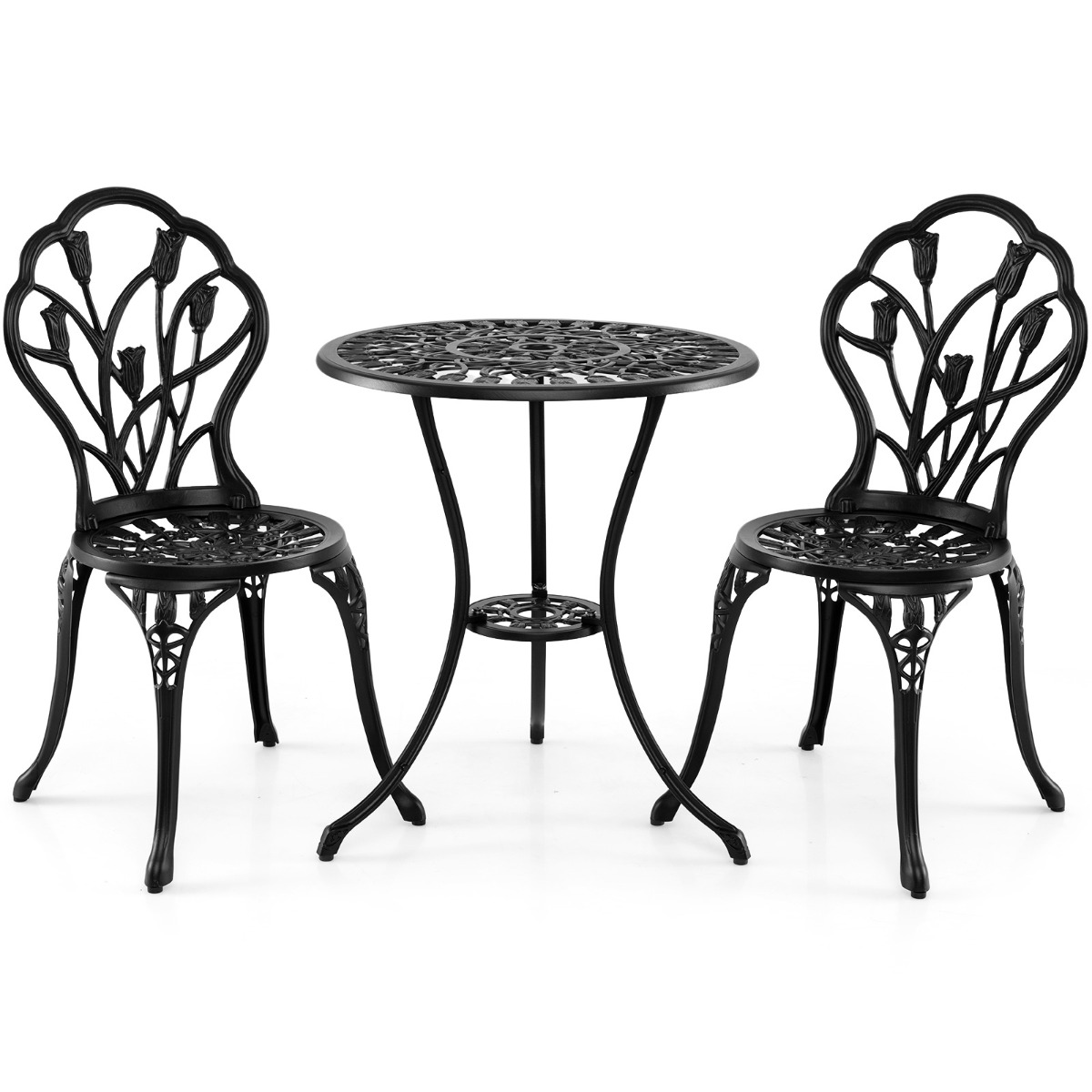 Valatud alumiiniumist aiamööblikomplekt, õuelaud ja toolid, ilmastikukindel, päikesevarju auguga, tulbimuster