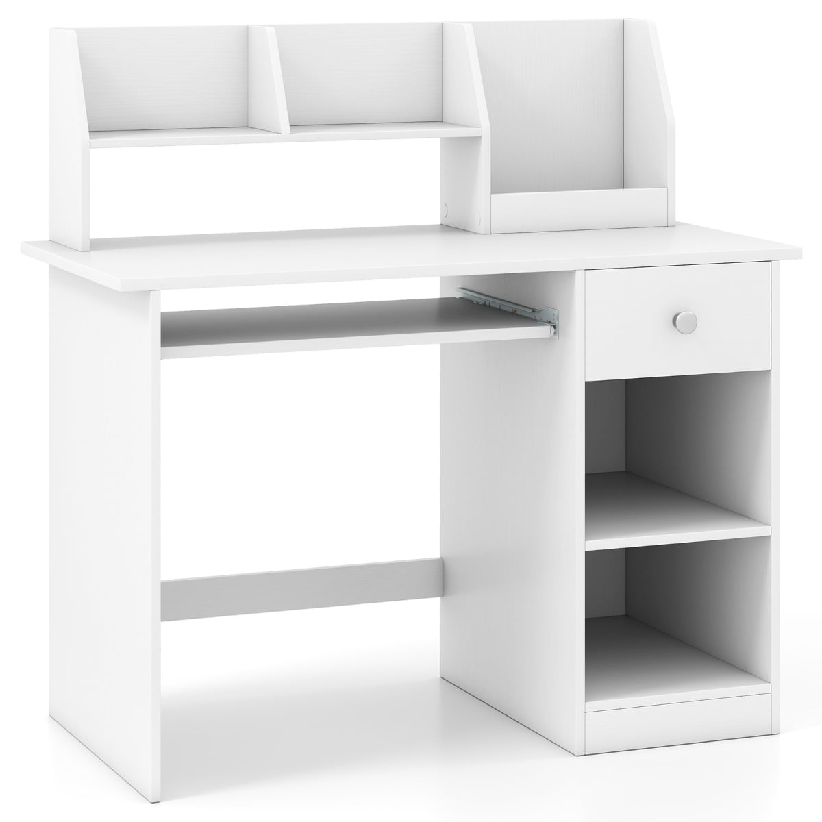 Laste puidust laud riiuli, raamaturiiuli, klaviatuurialuse ja sahtliga, valge