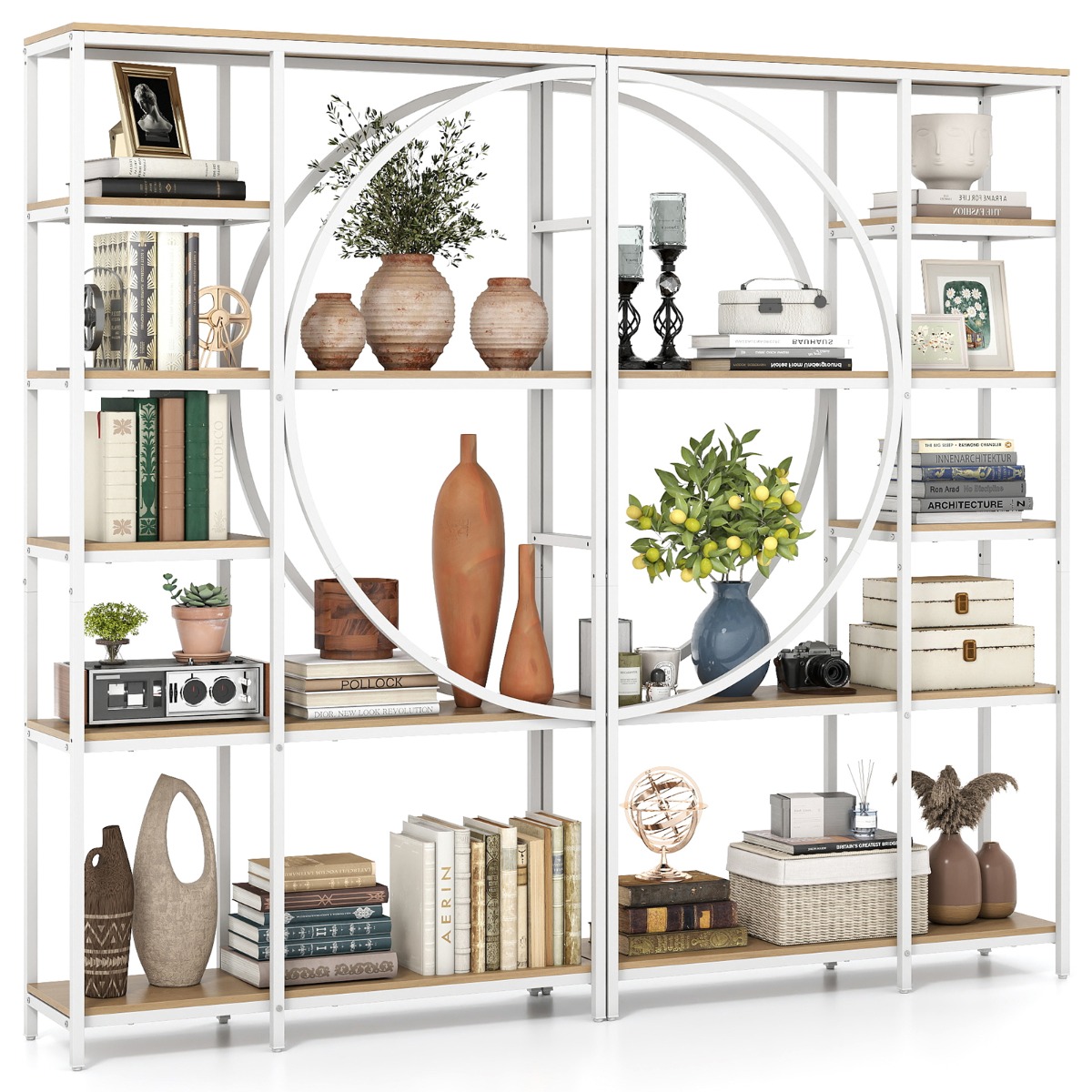 2 geomeetrilise mustriga raamaturiiuli komplekt avatud puidust riiulite ja metallraamiga, kontoririiul, valge