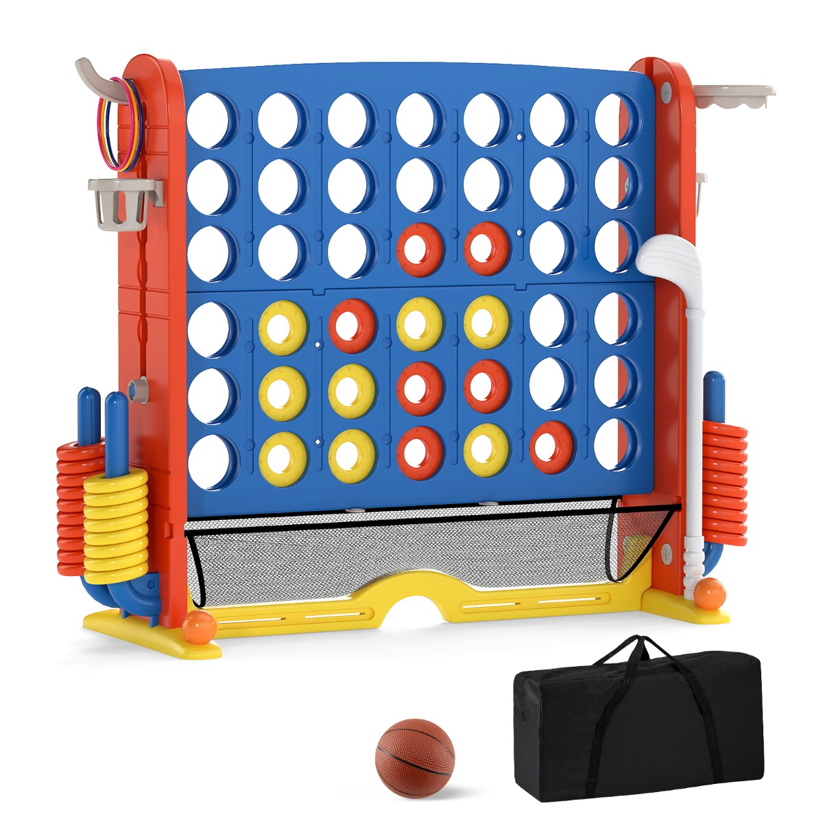 4-ühes Connect Four mänguasi rõngaviske, korvpallirõnga, golfimängu ja hiiglasliku kandekotiga, sinine Connect Four