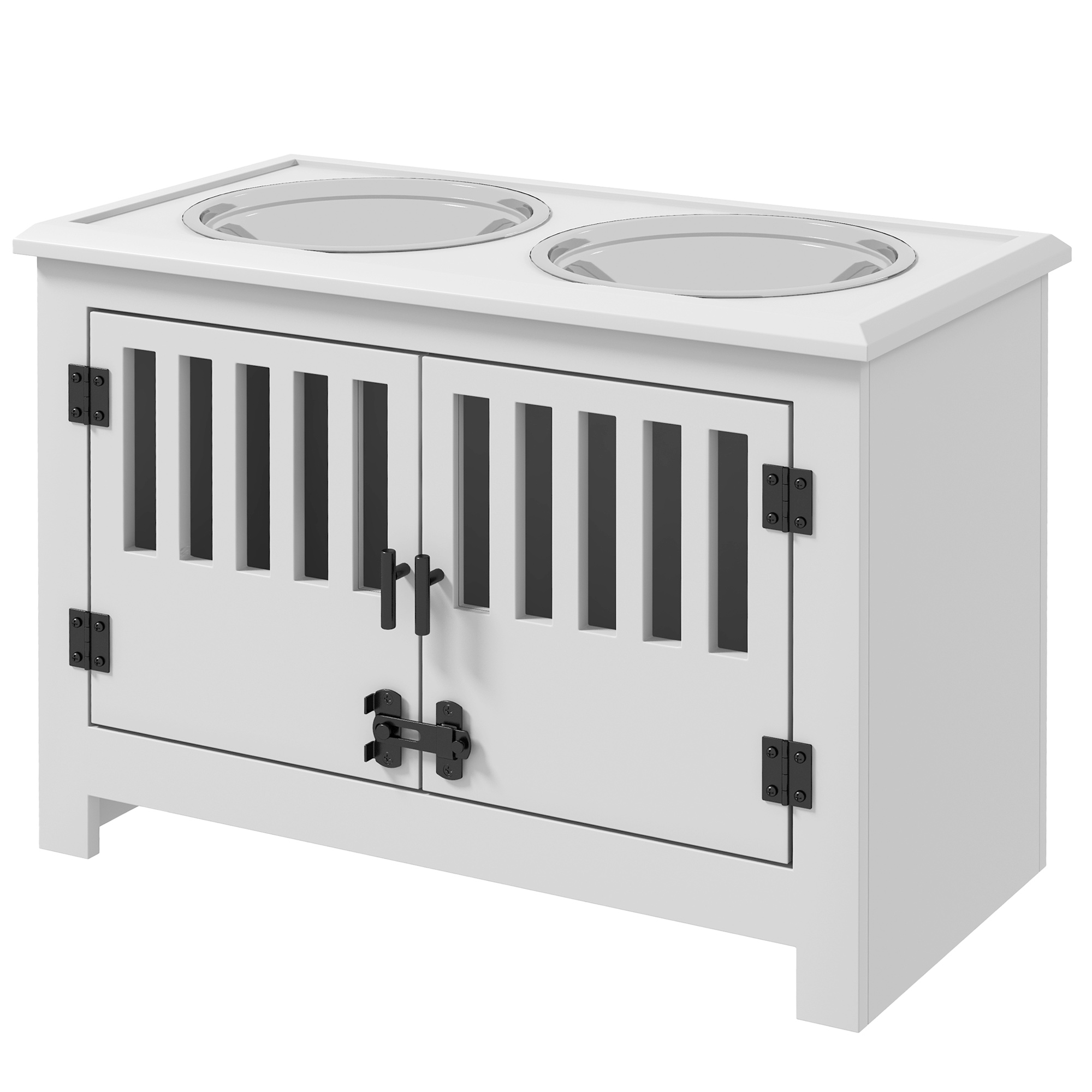 Kõrgendatud söögilaud suurtele koertele, 2 roostevabast terasest kaussi, hoiuruumiga, 35,5x60x30 cm, valge