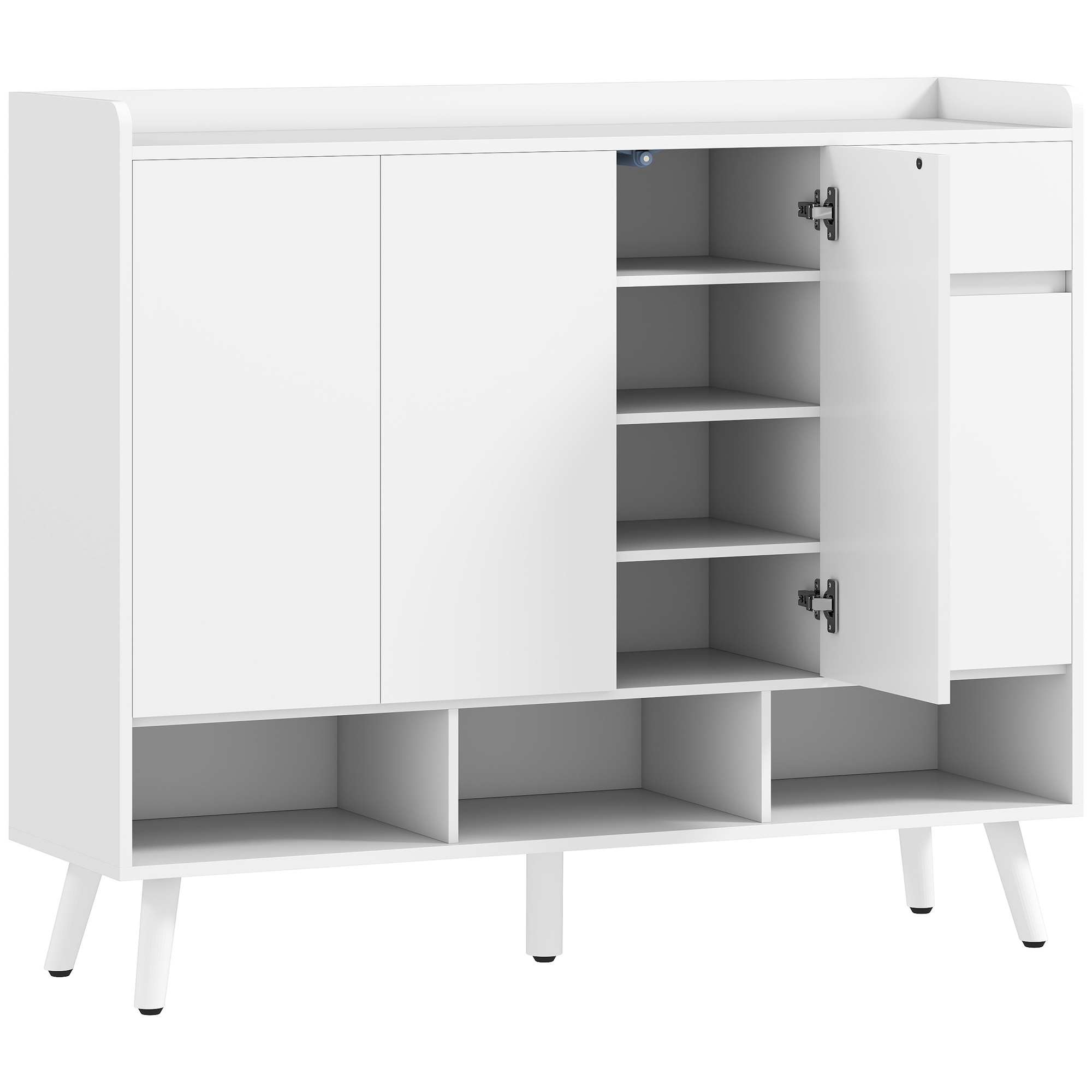 Jalanõudekapp käepidemeteta disainiga, 4 ust, 4 reguleeritavat riiulit, eraldiseisev jalanõuderiiul 5 puidust jalaga, puit, valge