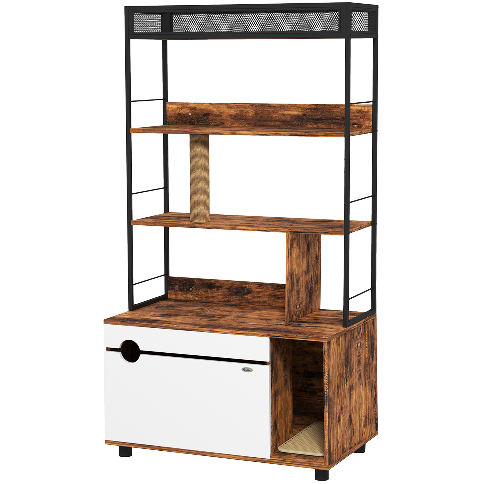 Kassiliivakast 3-korruselise riiuli ja kraapimispostiga, suletud liivakast, 80 x 48 x 152 cm, pruun