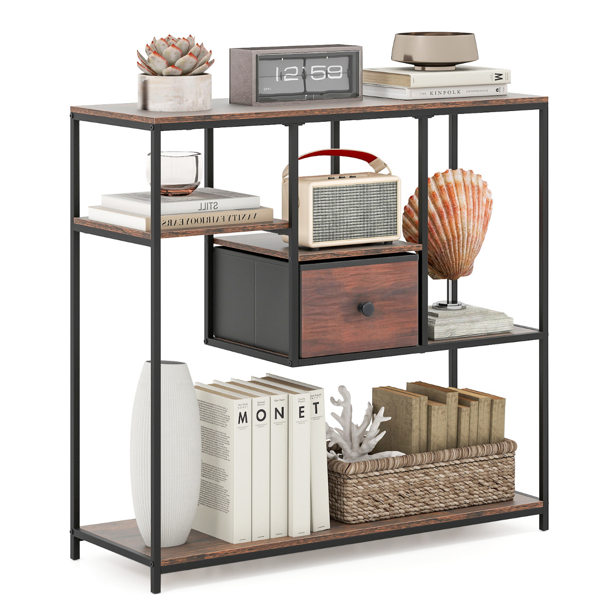 Kangast sahtli ja riiulitega tööstuslikus stiilis konsoollaud, praktiline esikulaud ja diivani abilauake, pruun