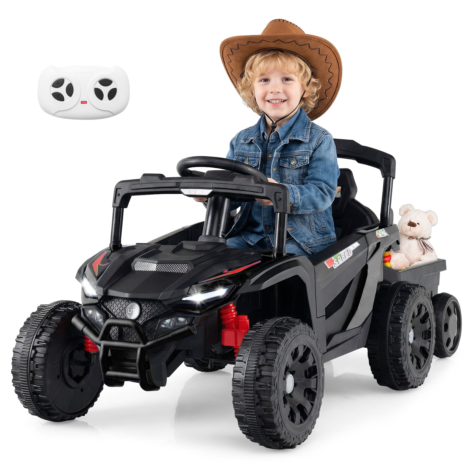 12V lastetraktor eemaldatava haagise ja vanemate puldiga elektriline UTV must