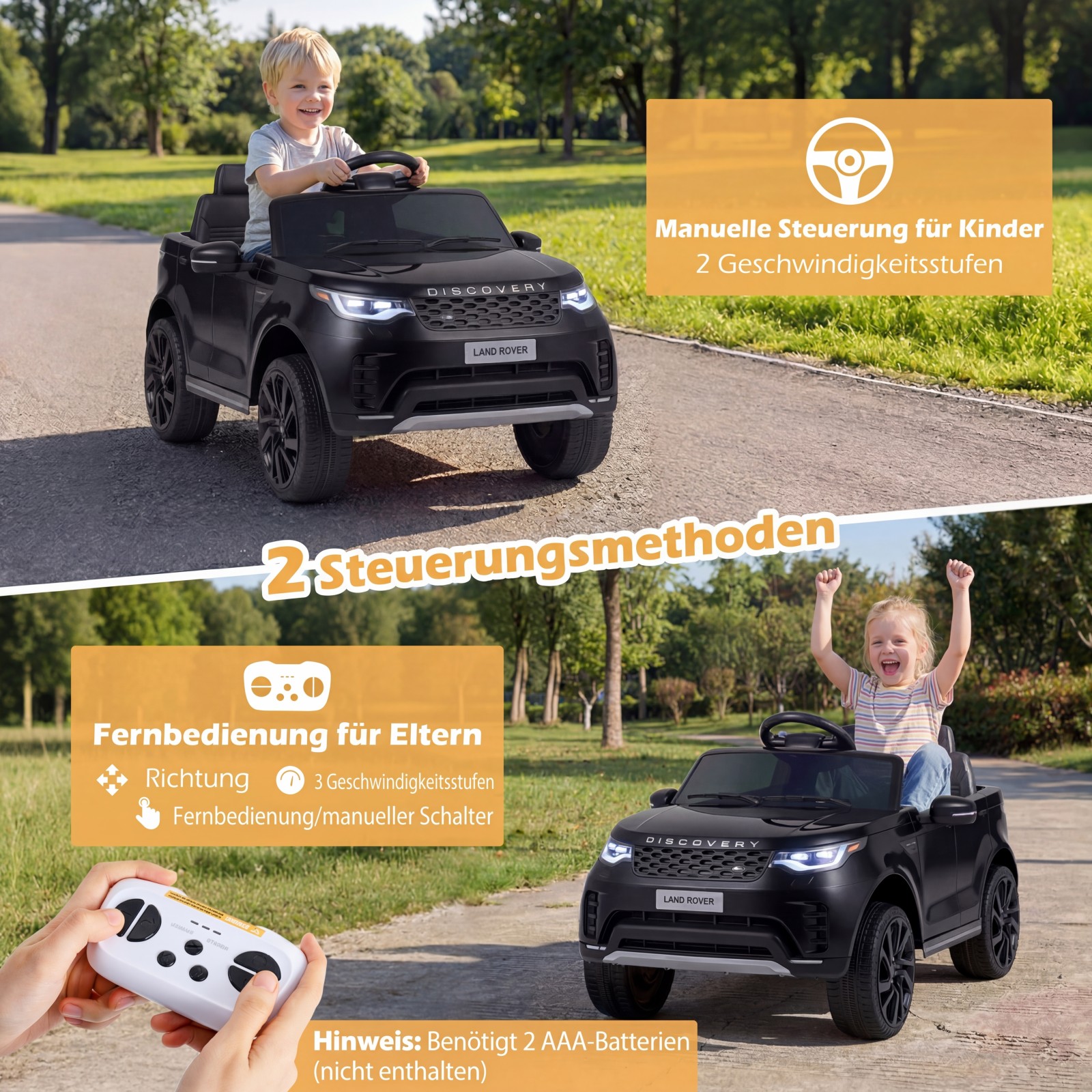 Ametliku litsentsiga Land Rover 12V elektriline lasteauto, ammortide, LED-tulede ja juhtmevaba ühendusega (alates 3. aastast), must