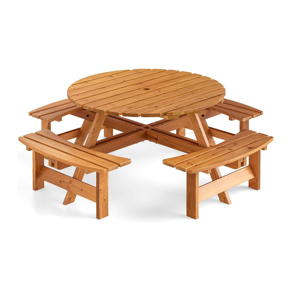 Piknikulaua komplekt 8 inimesele koos vihmavarjuauguga 4 pingiga puidust aialaud ümar istumisgrupp kollane