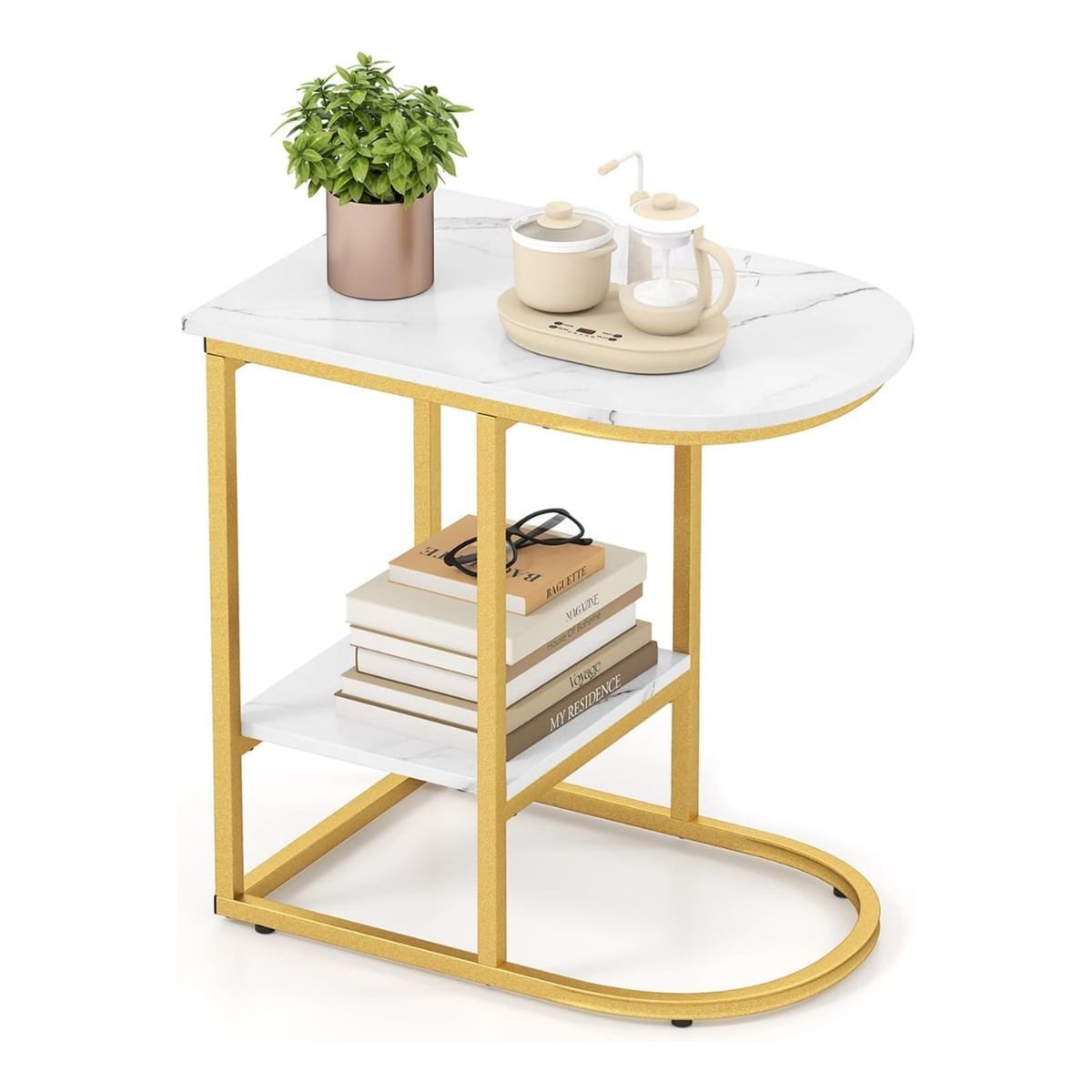 Marmorviimistlusega abilaud 2-korruseline diivanilaud hoiuruumiga c-kujuline kohvilaud