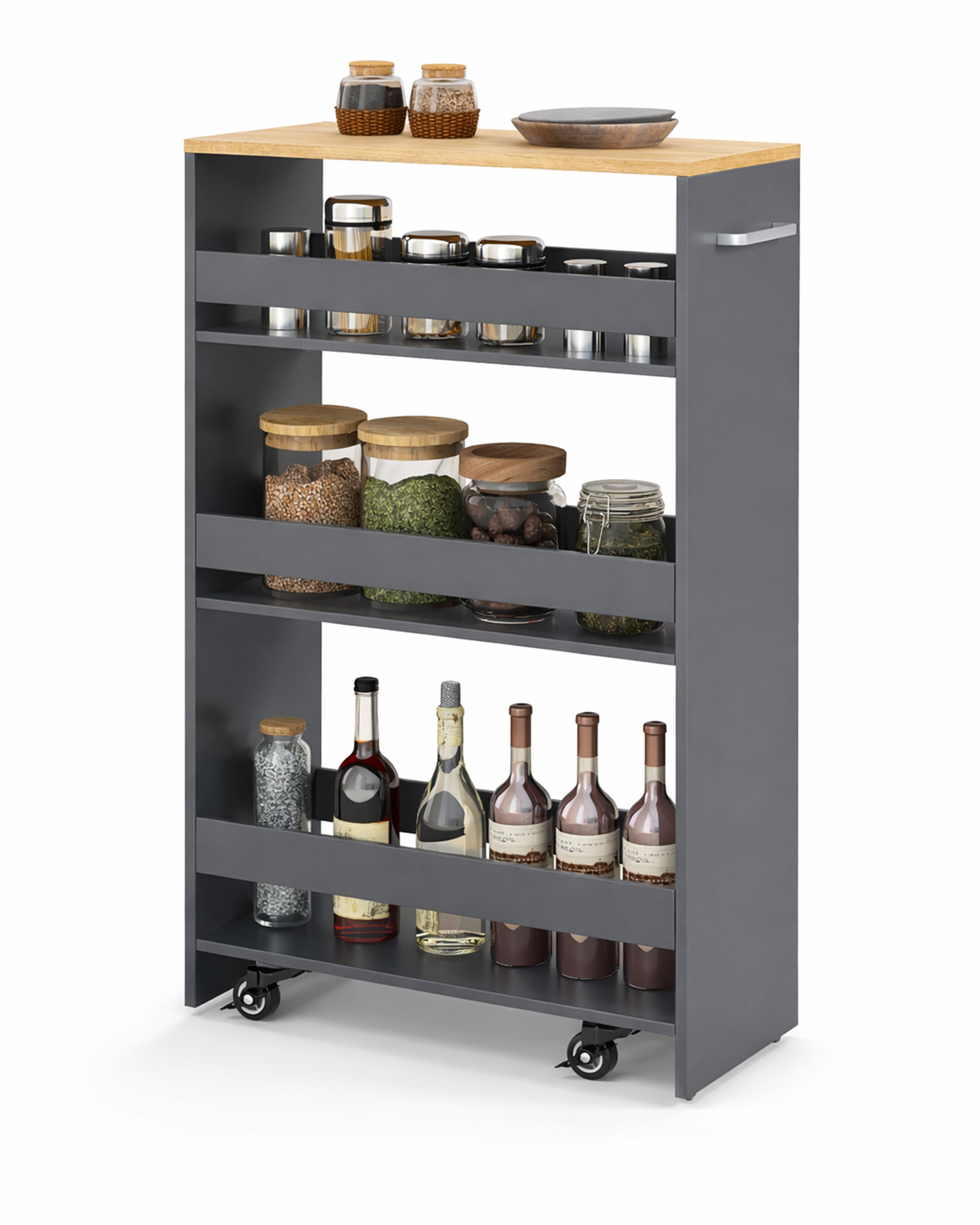 13 cm õhuke köögikäru laadimisjaamaga, 4-astmeline rullkäru, hall + naturaalne