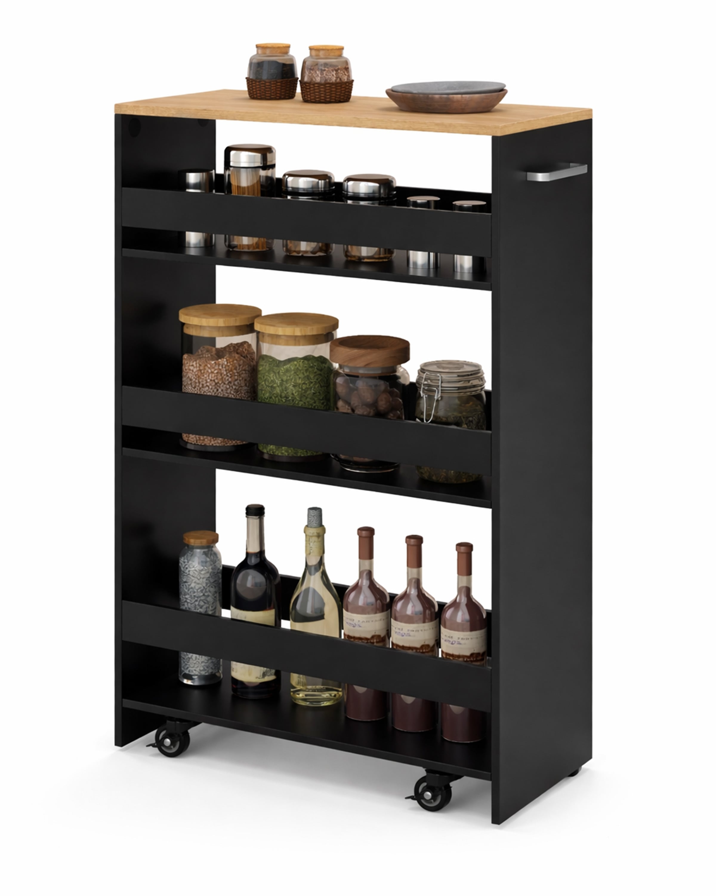 13 cm õhuke köögikäru laadimisjaamaga, 4-tasandiline rullkäru, must + naturaalne