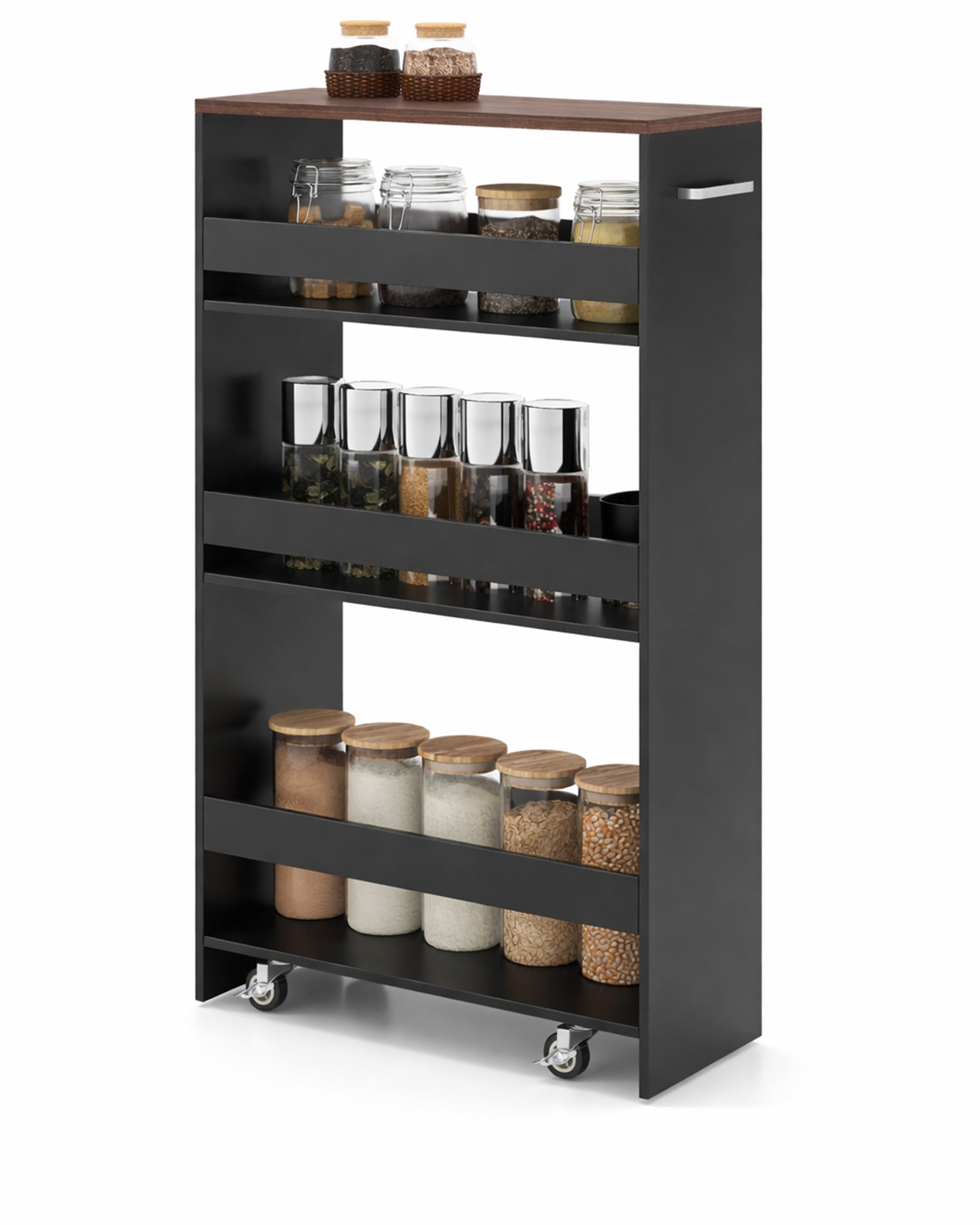 13 cm õhuke köögikäru laadimisjaamaga, 4-astmeline ratastega hoiukäru, must + pruun