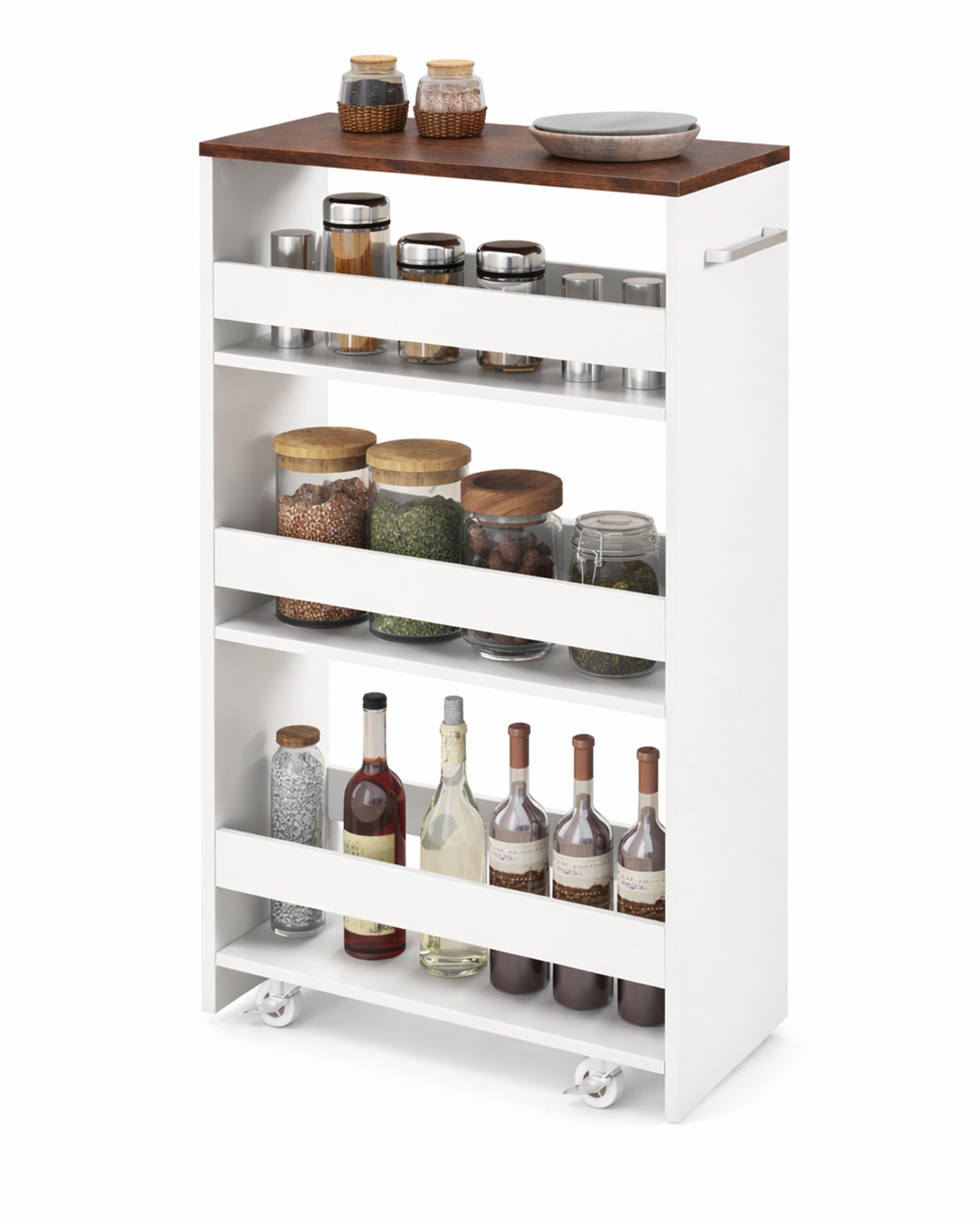 13 cm õhuke köögikäru laadimisjaamaga, 4-astmeline ratastega köögikorraldaja, valge ja maalähedane pruun