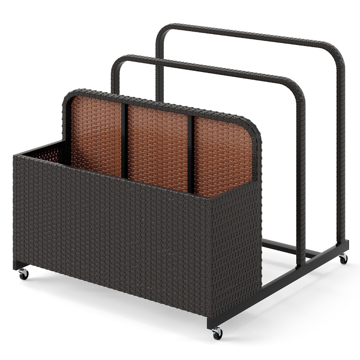 Basseini hoiukorv ratastega pe rotangist hoiukonteiner ujumisvahendite jaoks pruun