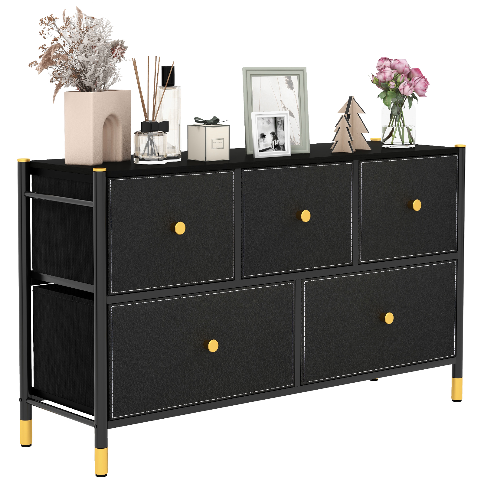 5 sahtliga magamistoa kummut lai metallraamiga riidest kummut 100 x 30 x 58,5 cm must