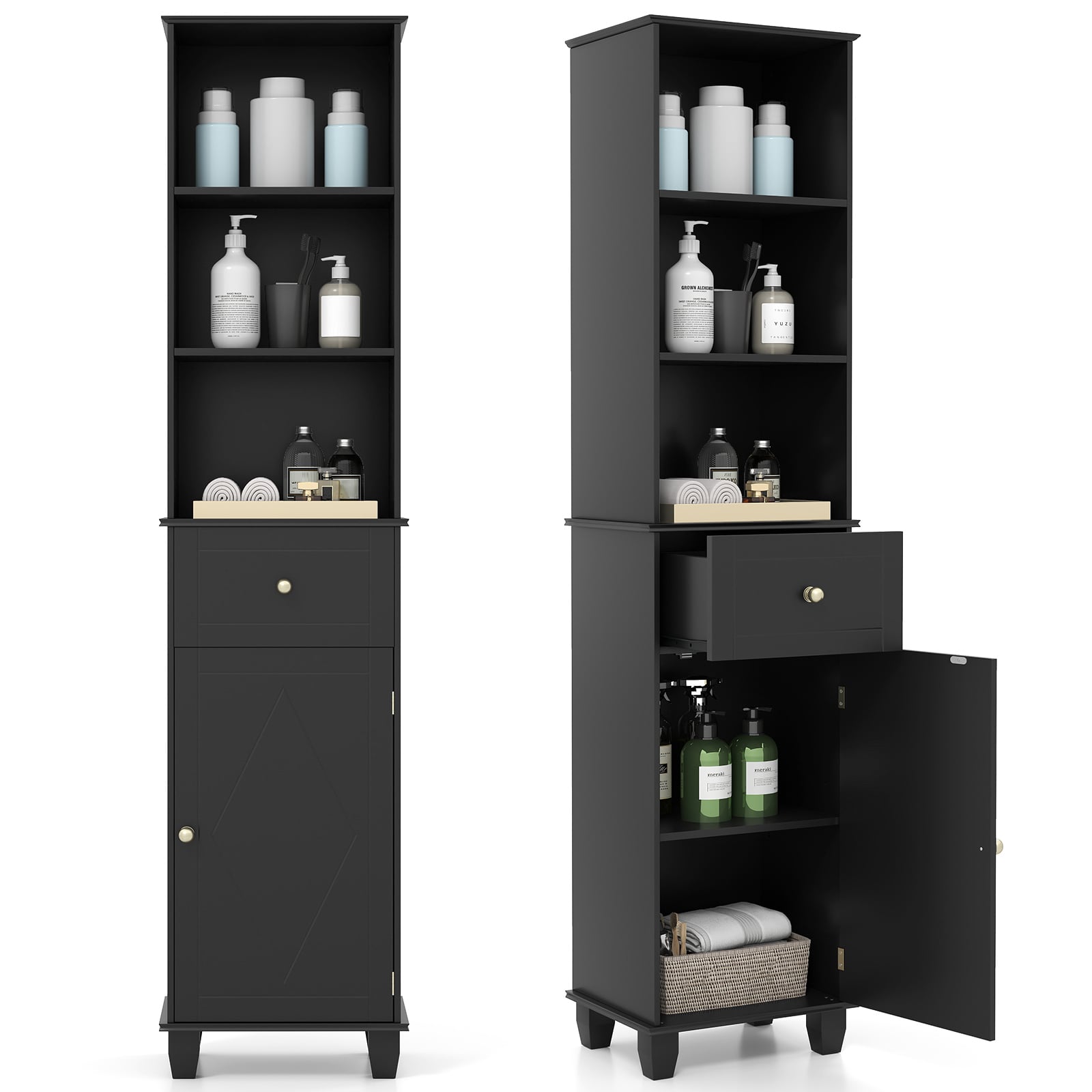 172 cm vannitoakapp, kitsas vannitoakapp 3 avatud riiuliga, 1 sahtel, 1 uks, must