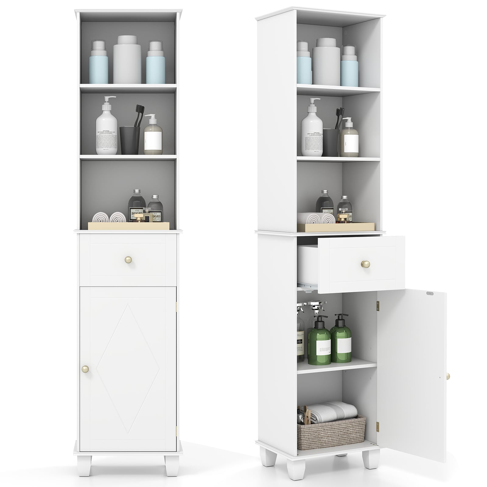 172 cm vannitoakapp, kitsas vannitoakapp 3 avatud riiuli, 1 sahtli, 1 ukse ja reguleeritava riiuliga, valge