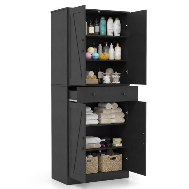 183 cm kõrge köögikapp, moodne riidekapp 4 aidauksega, sahtliga, 3 reguleeritava riiuliga, 2 ümberkukkumiskaitsega, must