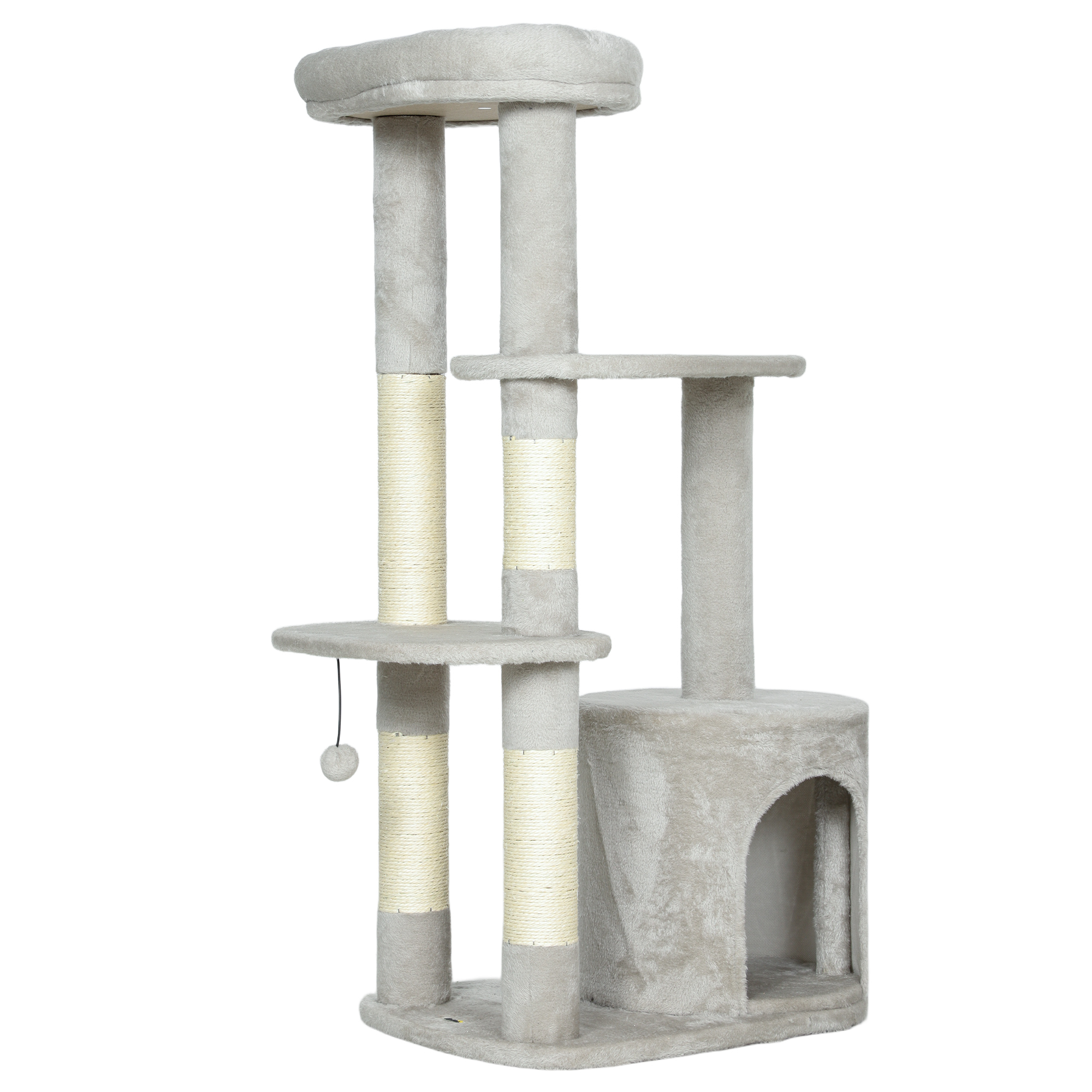 Kassipuu 114 cm kassitorn koopaga, sisalist postid, platvorm, mitmekorruseline keskmise suurusega kassidele alla 6 kg, helehall