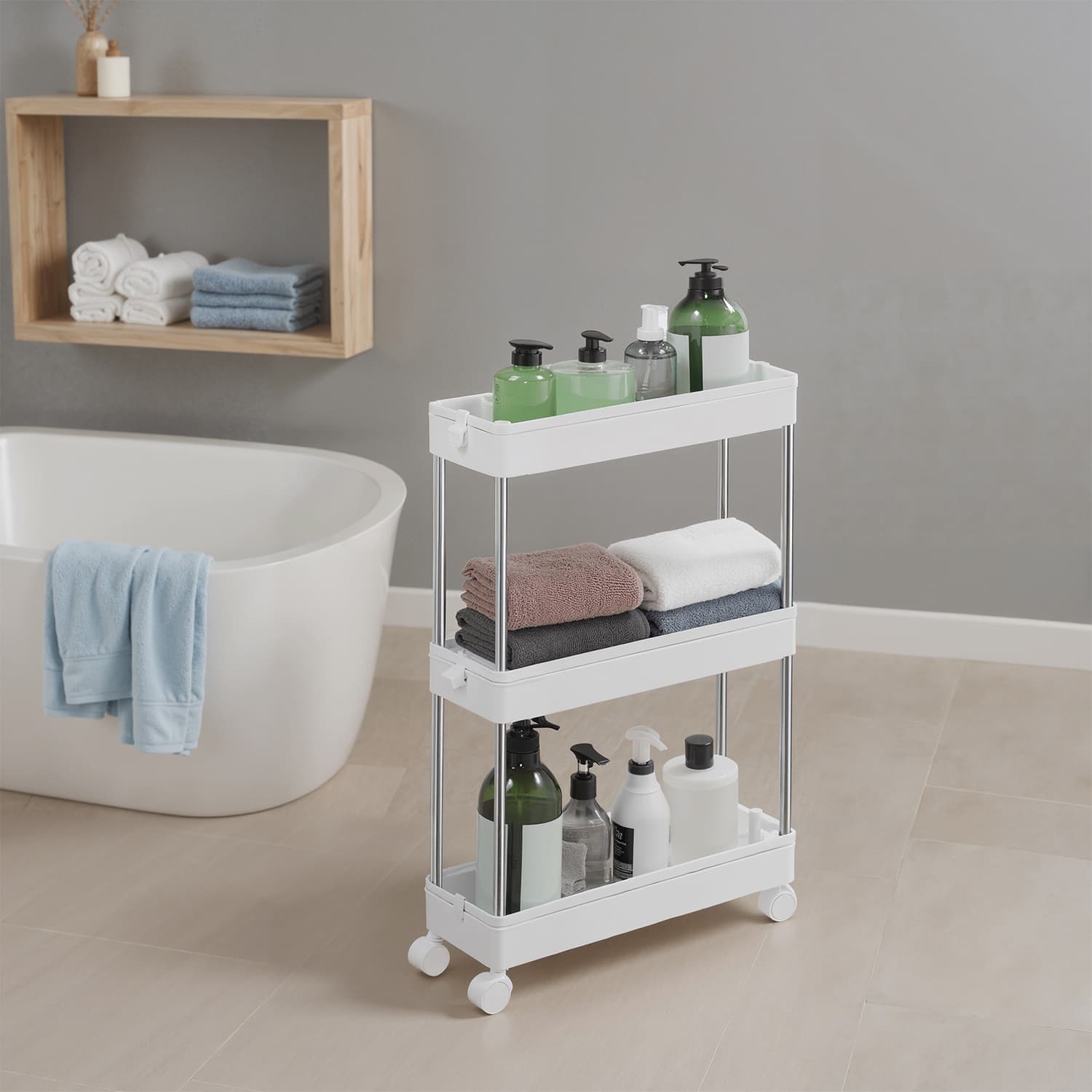 Rullikutel niširiiul 3 tasandiga, kitsas riiul-käru vannituppa või kööki, ruumisäästlik, 40 x 13 x 60 cm
