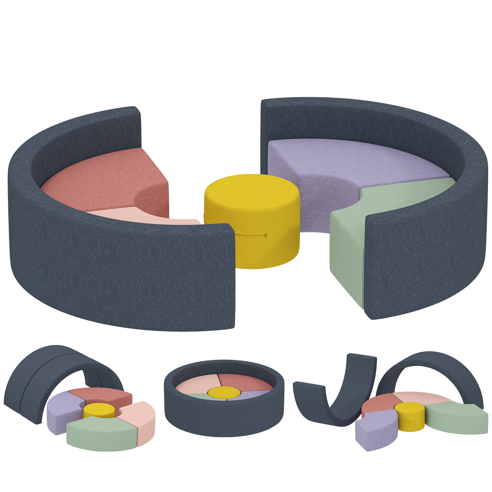 7-osaline pehmete ehitusklotside komplekt väikelastele, vaht, pestav velvetist kate, erinevad kujud, värviline