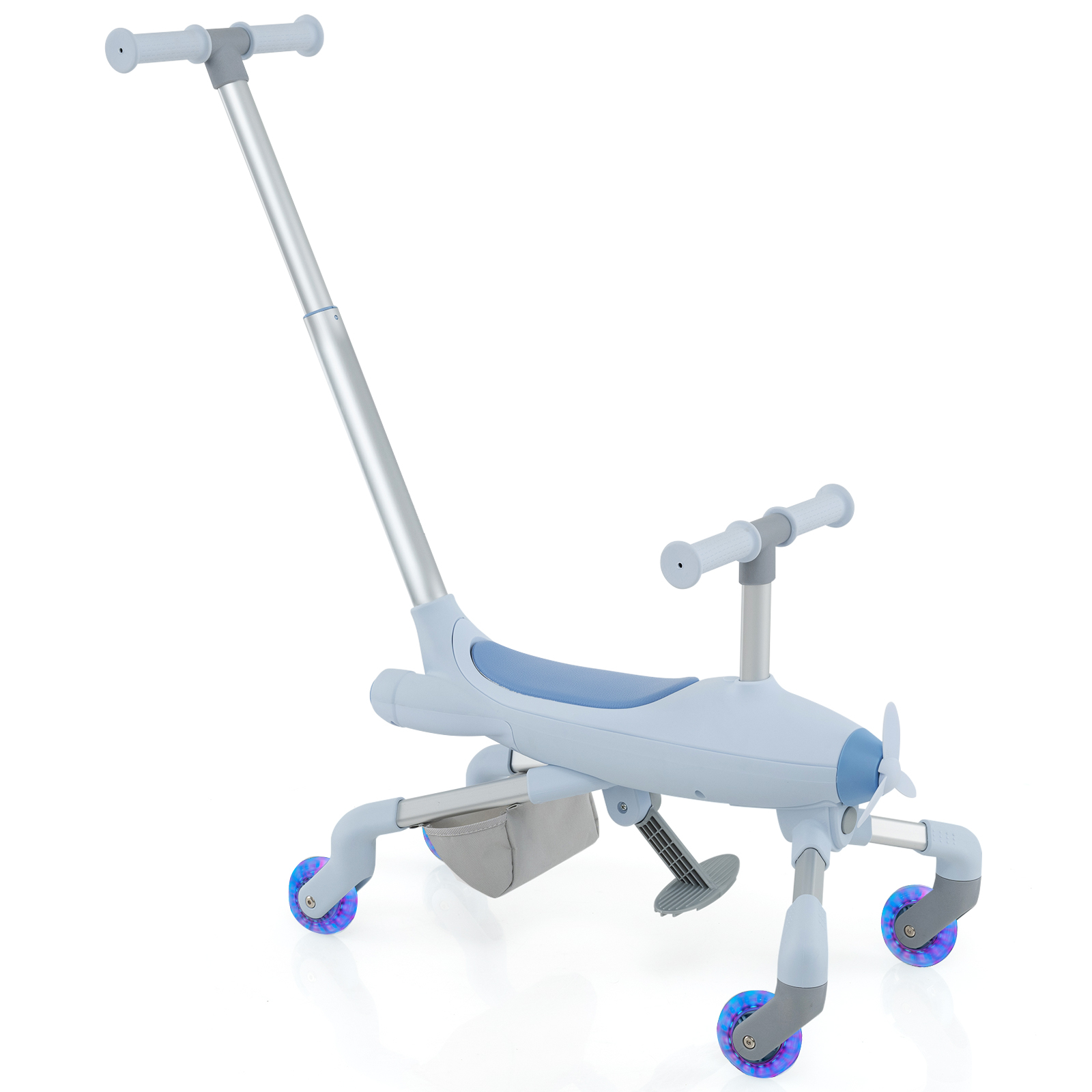 Kaks-ühes tõukeauto lastele Lennuki motiiviga tõukeauto koos LED-valgustusega siniste ratastega