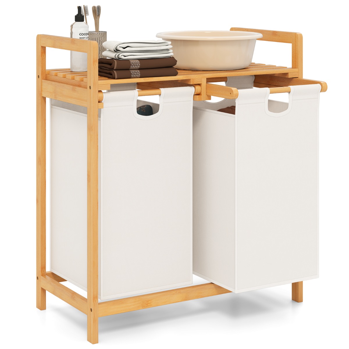 Pesukorv 2 sektsiooniga 2 väljatõmmatava pesukotiga pesukogur riiuliga valge