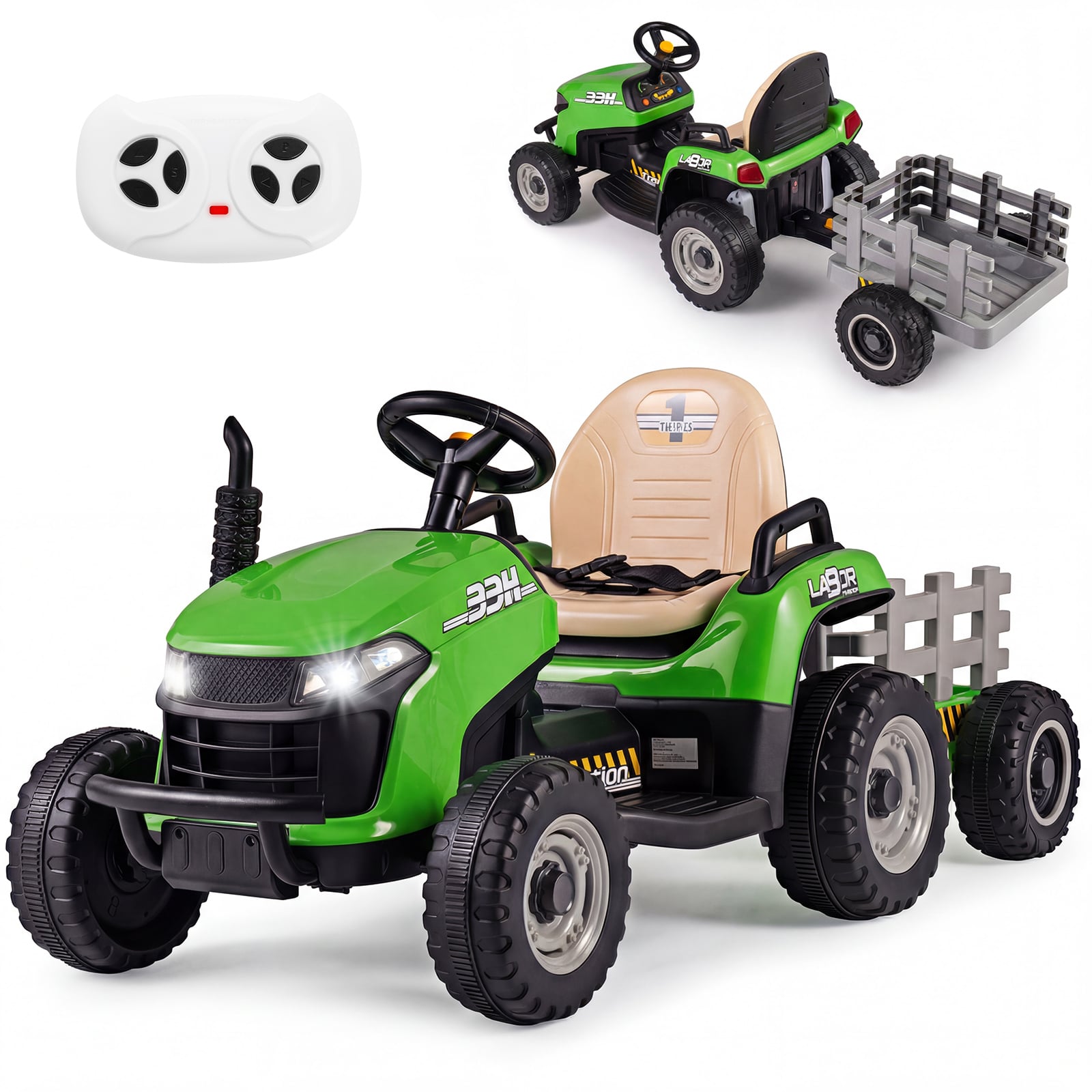 24V elektritraktor haagisega, 2.4G kaugjuhtimispuldi ja signaaliga - laste elektritraktor - roheline
