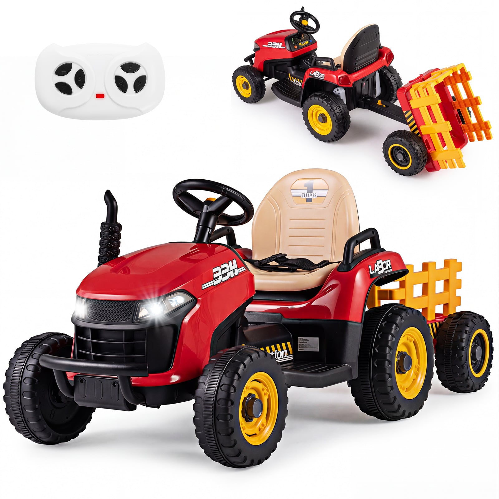 24V elektritraktor haagisega, 2.4G kaugjuhtimispuldi ja signaaliga - laste elektritraktor - punane