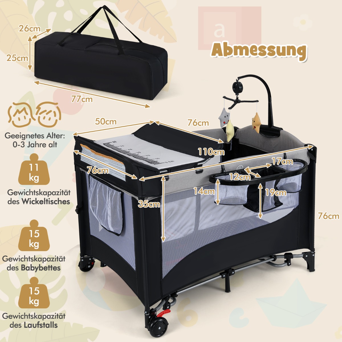 5-ühes beebivoodi madratsi mähkimislaua turvavöö ja mängukellaga hall