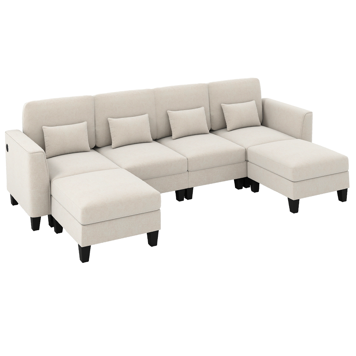 280 cm nurgadiivan kahe jalapingiga, U-kujuline mooduldiivan USB ja Type-C laadimisportidega, 4-kohaline diivanikomplekt, beež