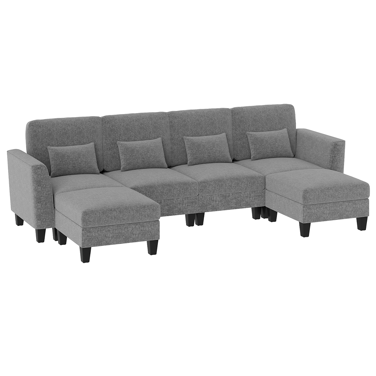 280 cm nurgadiivan kahe jalapingiga, U-kujuline mooduldiivan USB ja Type-C laadimisportidega, 4-kohaline diivanikomplekt, hall