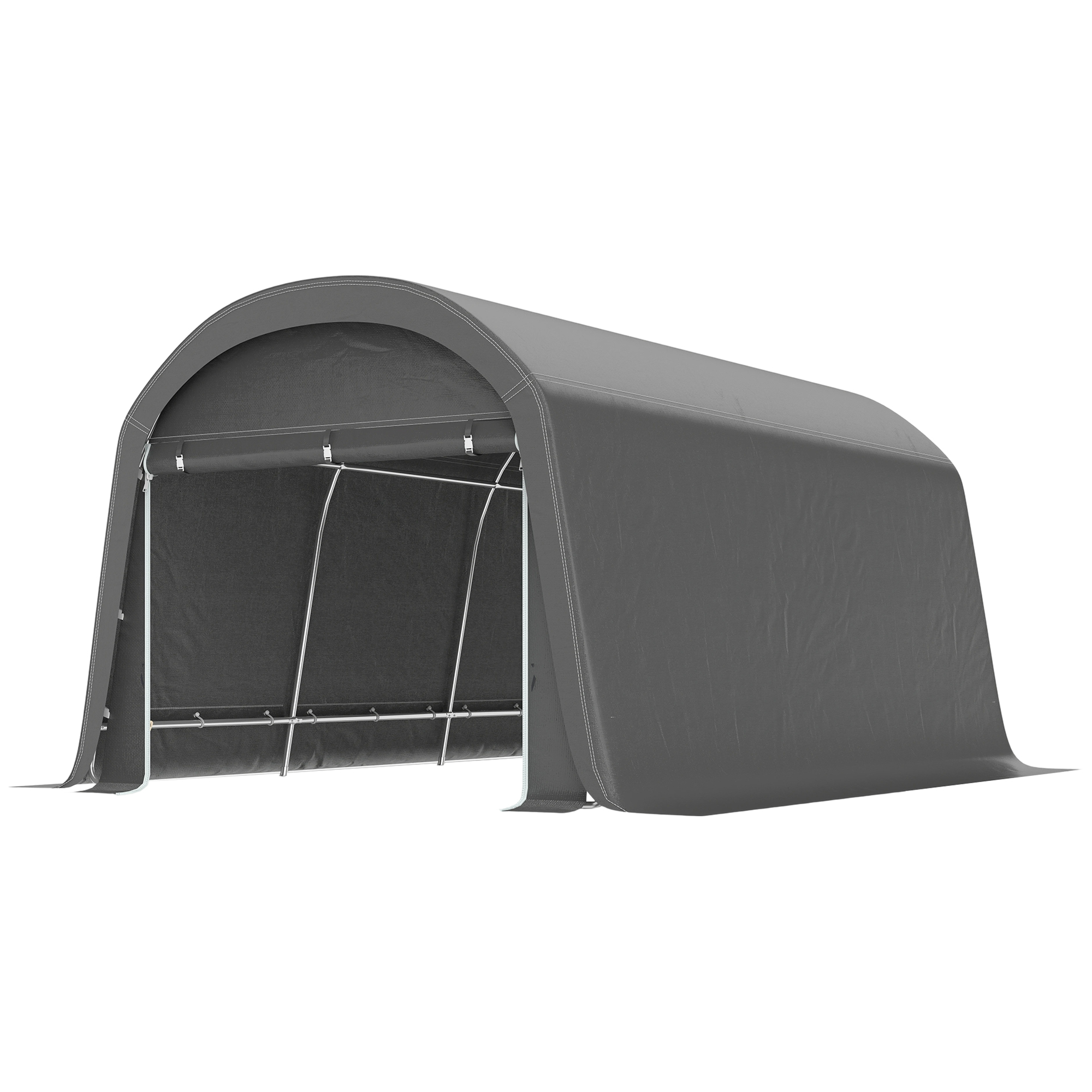 Aiakuur plastmassist presendiga, tööriistatelk, teisaldatav garaaž, 300L x 450S x 230K cm, tumehall