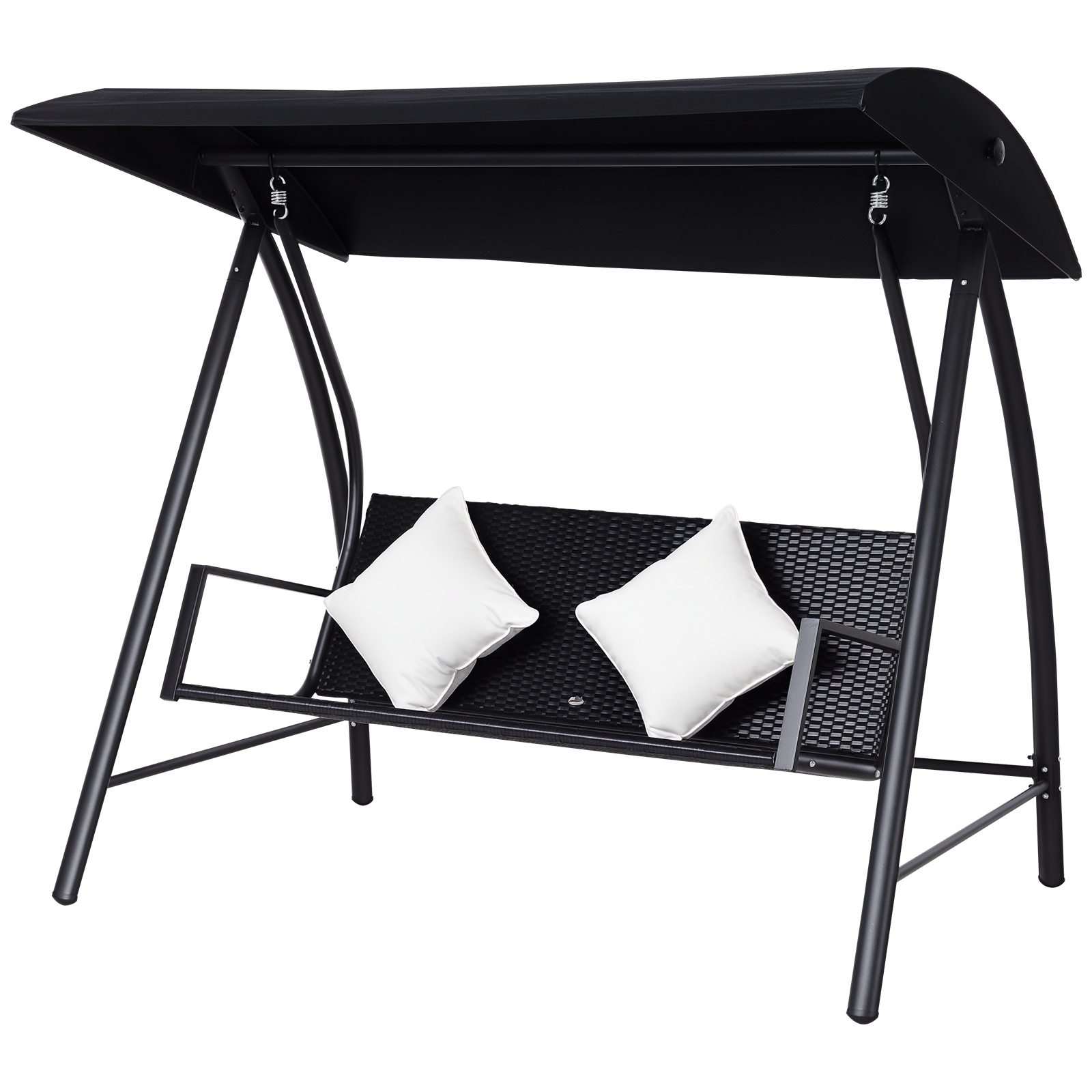 3-kohaline Hollywoodi kiikkomplekt, polürotangist ja metallist, patjadega, kandevõime kuni 360 kg, uus (must)