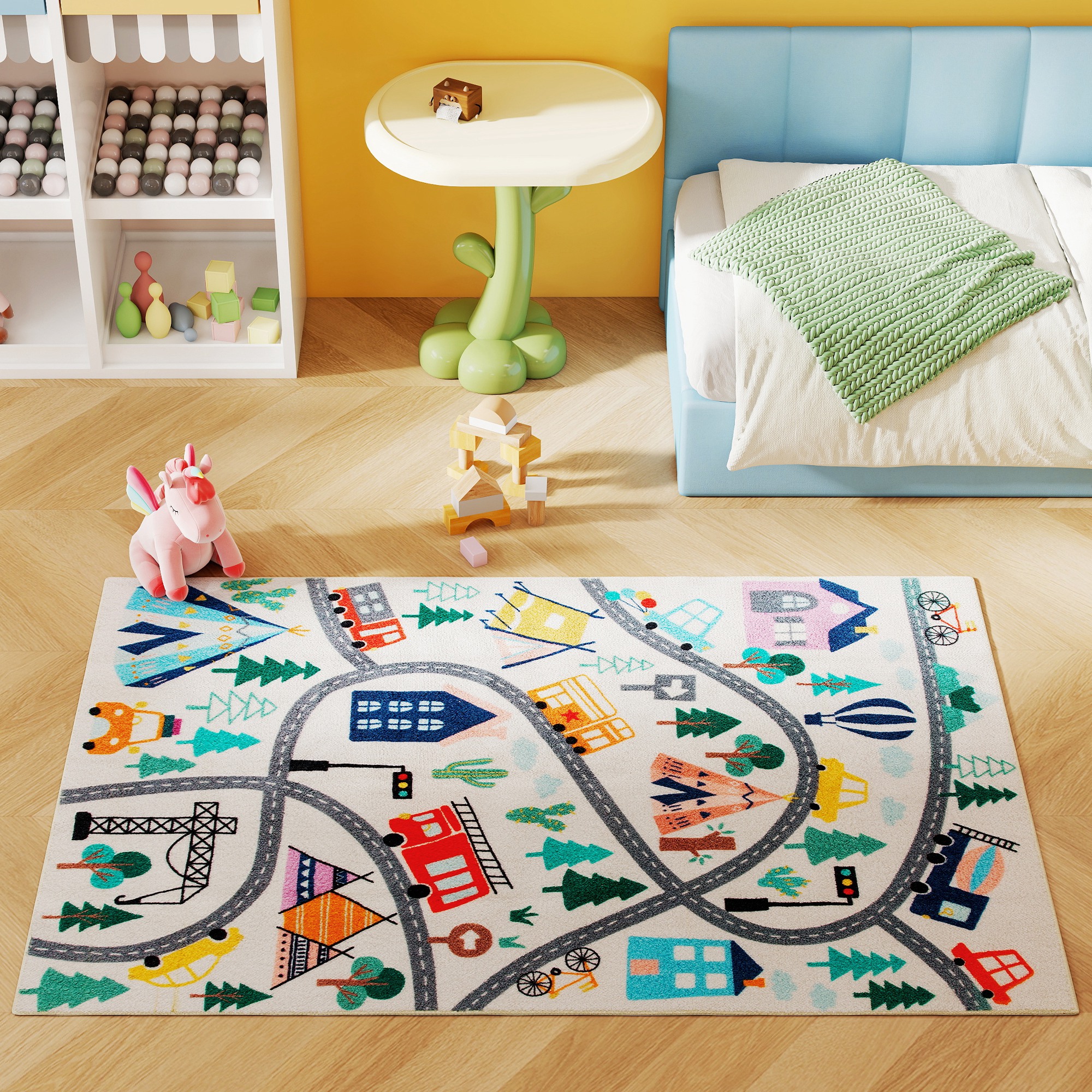 Maanteemustriga vaip, valge taust, pehme fliis, kergesti hooldatav, värviline