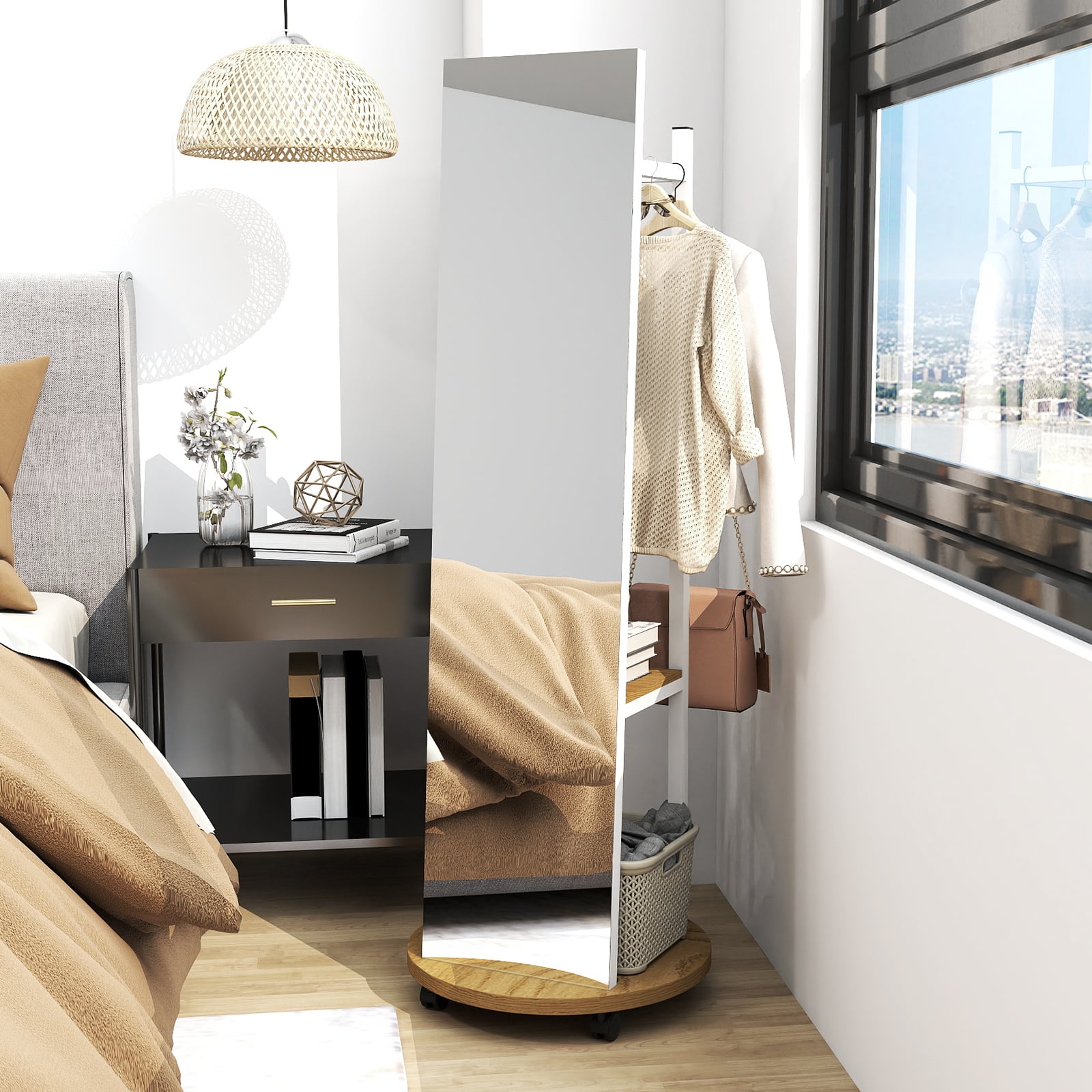 2-ühes täispikk peegel 3 konksu, hoiuruumide ja universaalsete ratastega, valge