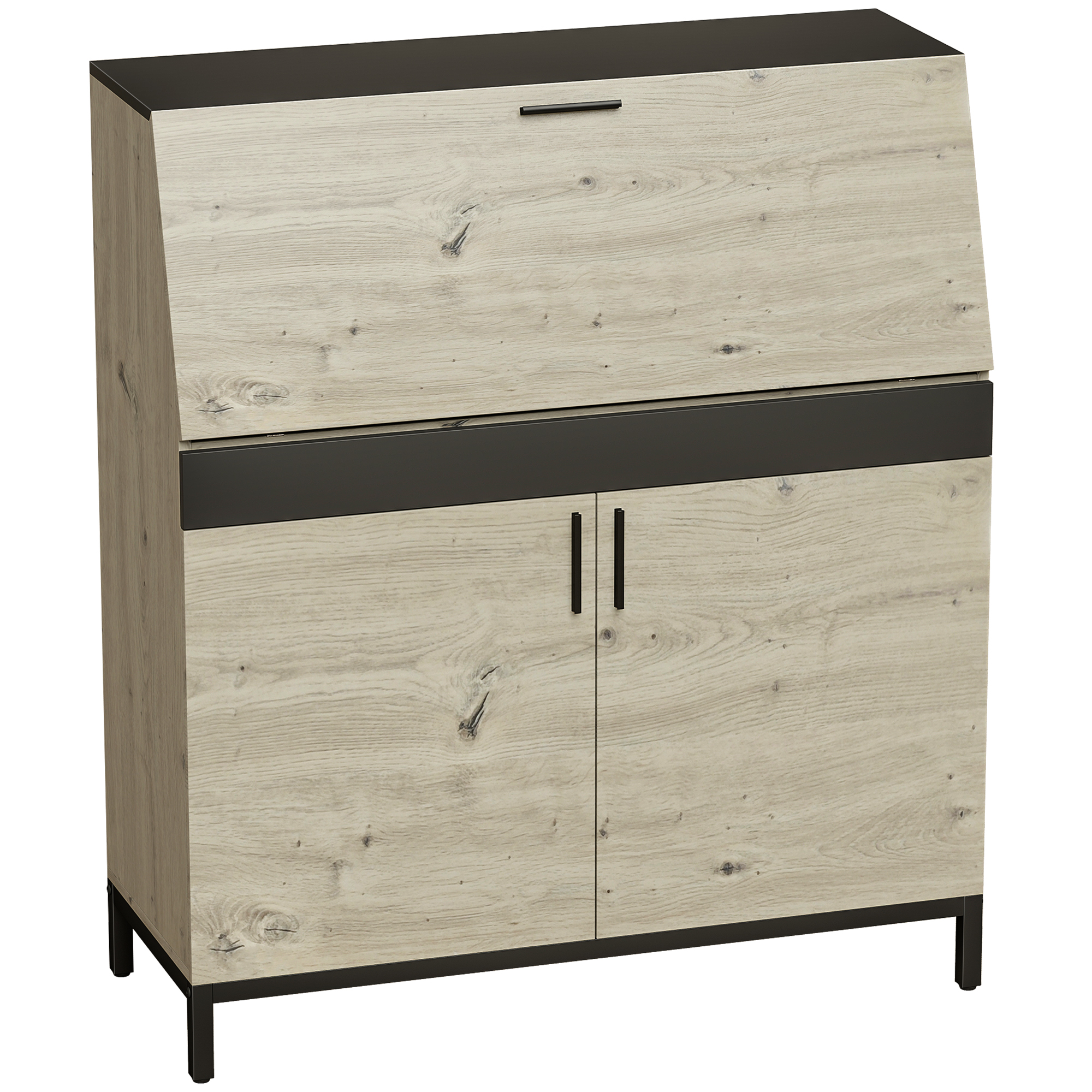 Tööstuslik sekretärilaud riiulite ja metallraamiga, 100 cm, naturaalne puit ja must