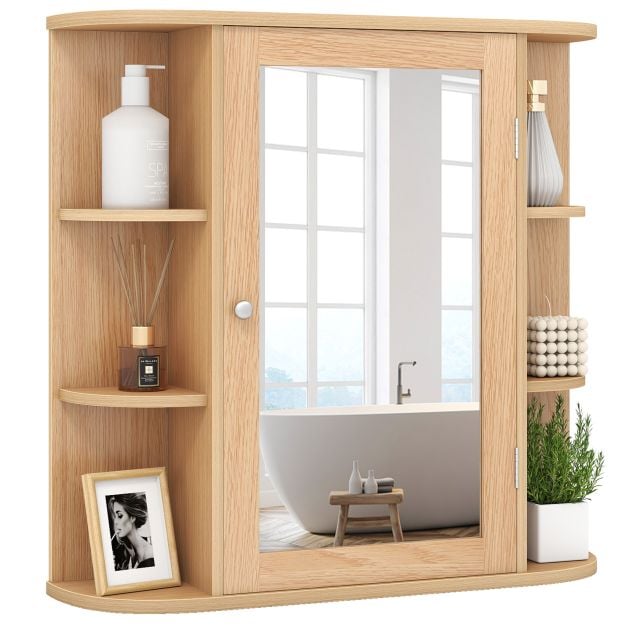 Seinale paigaldatav 1 peegelukse ja 10 riiuliga MDF-materjalist vannitoakapp (66x16.5x60 cm), naturaalne