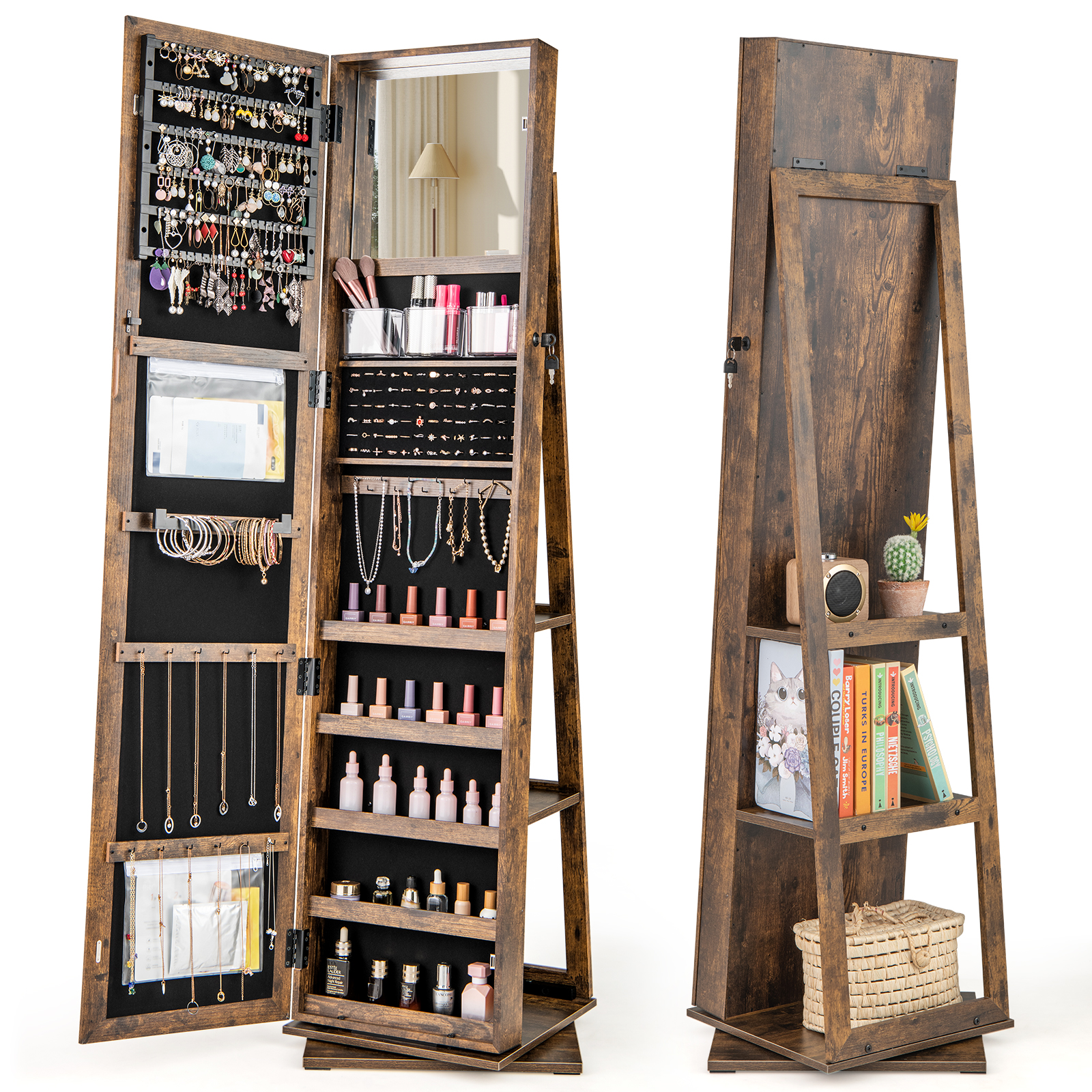 360 pöörlev ehtekapike ehteorganisaator täispikkuses peegliga tagumiste riiulitega peeglikapp iseseisev vintagepruun