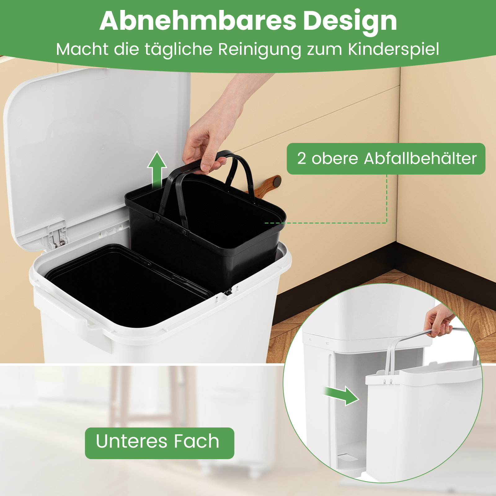 36 l prügikast kahe eemaldatava mahuti kallutatava osaga ja prügiklassifitseerimise kleebistega valge