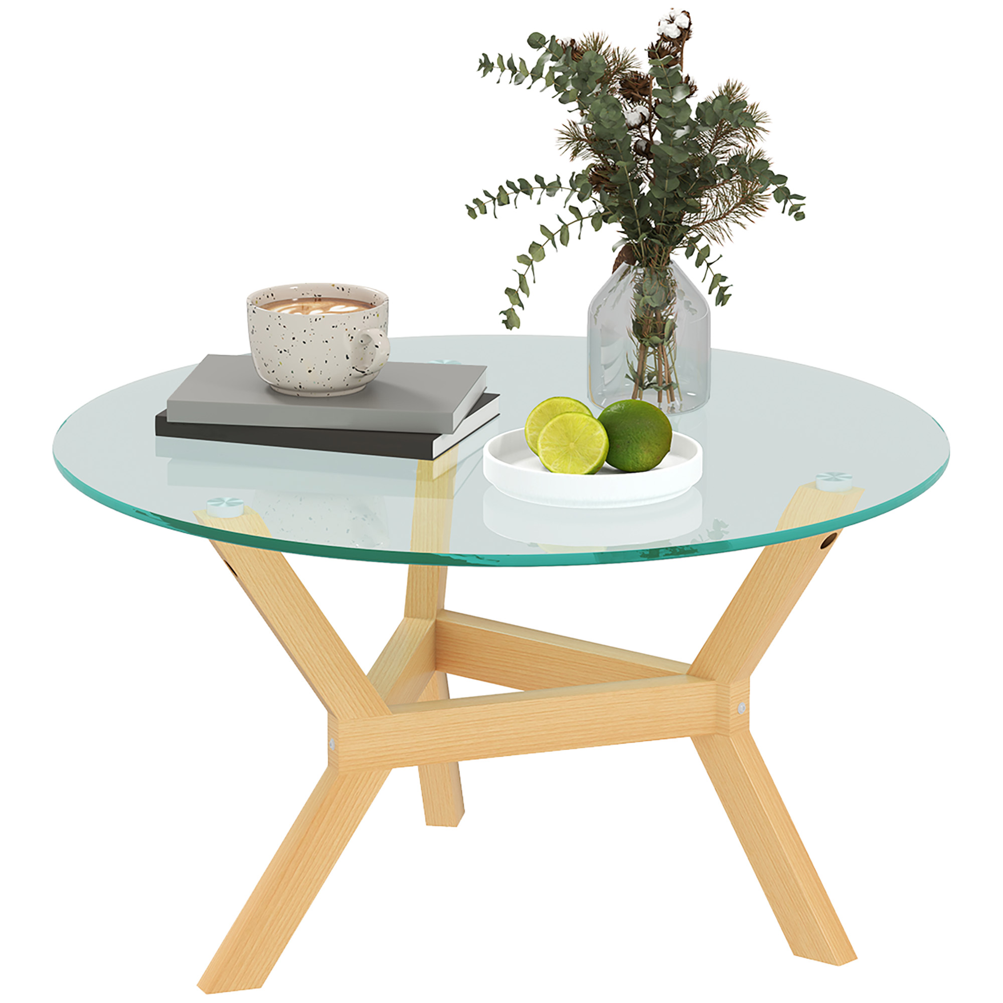 Ümmargune karastatud klaasist abilaud reguleeritavate jalapadjade ja terasraamiga elutuppa, magamistuppa