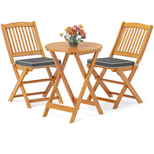 Kokkupandav akaatsiapuidust bistroomööbli komplekt, õuelaud ja kaks pehmete hallide patjadega tooli (3-osaline komplekt)